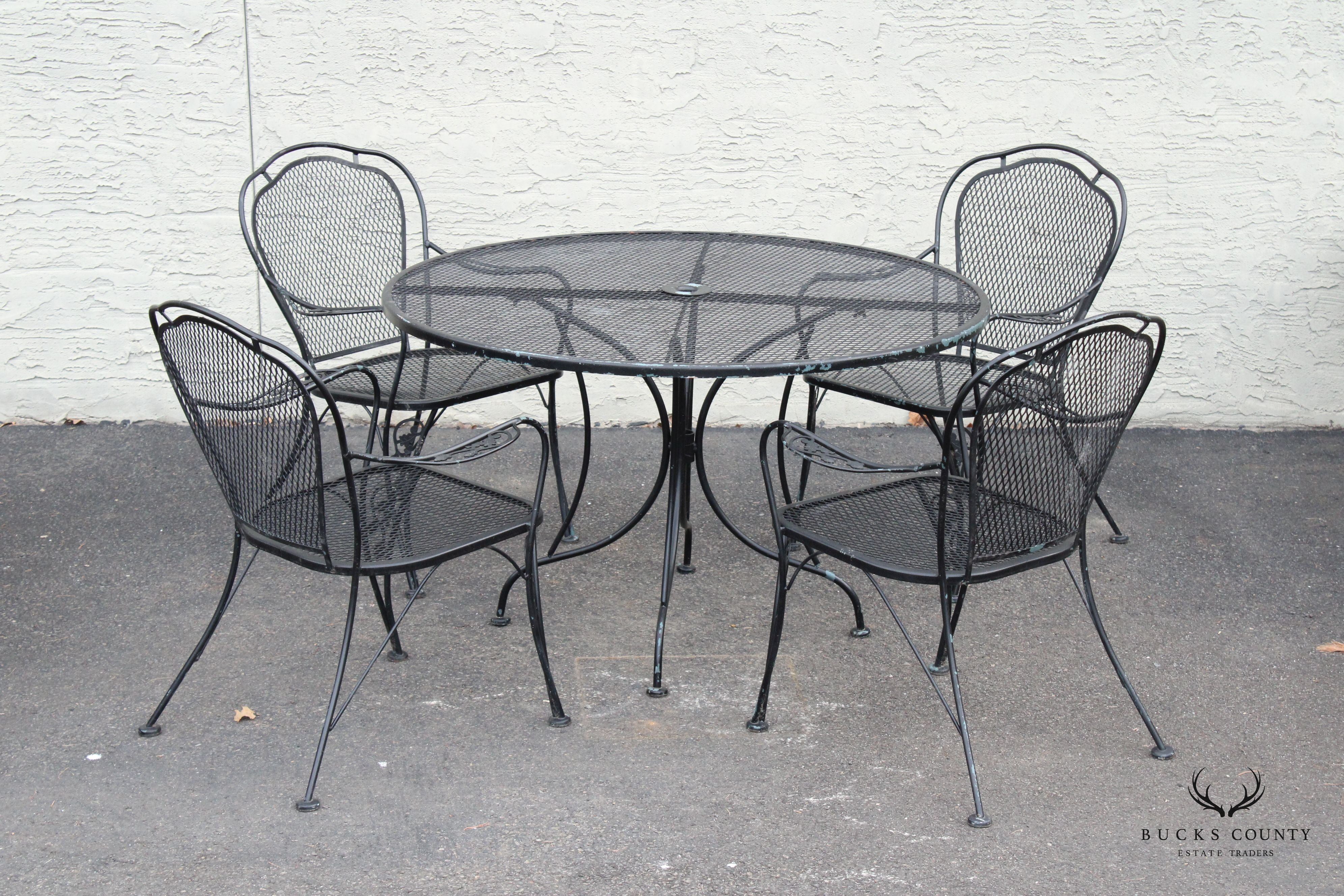 Vintage Wrought Iron Round Patio Dining Table and Dining Chairs Set