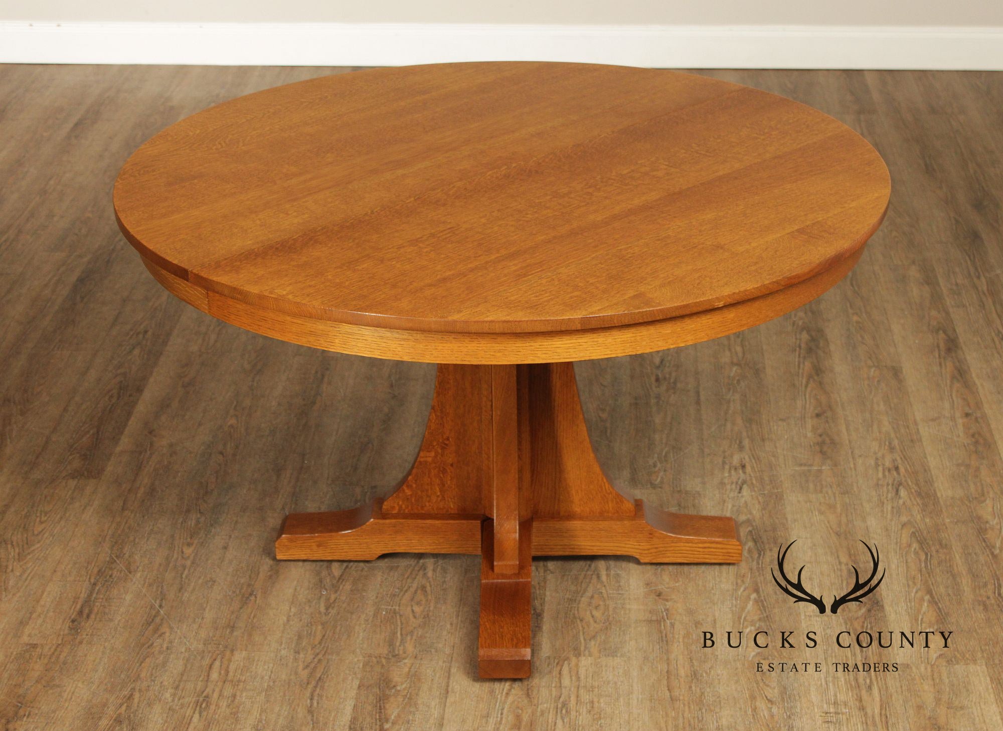 Stickley Mission Collection Round Oak Pedestal Expandable Dining Table