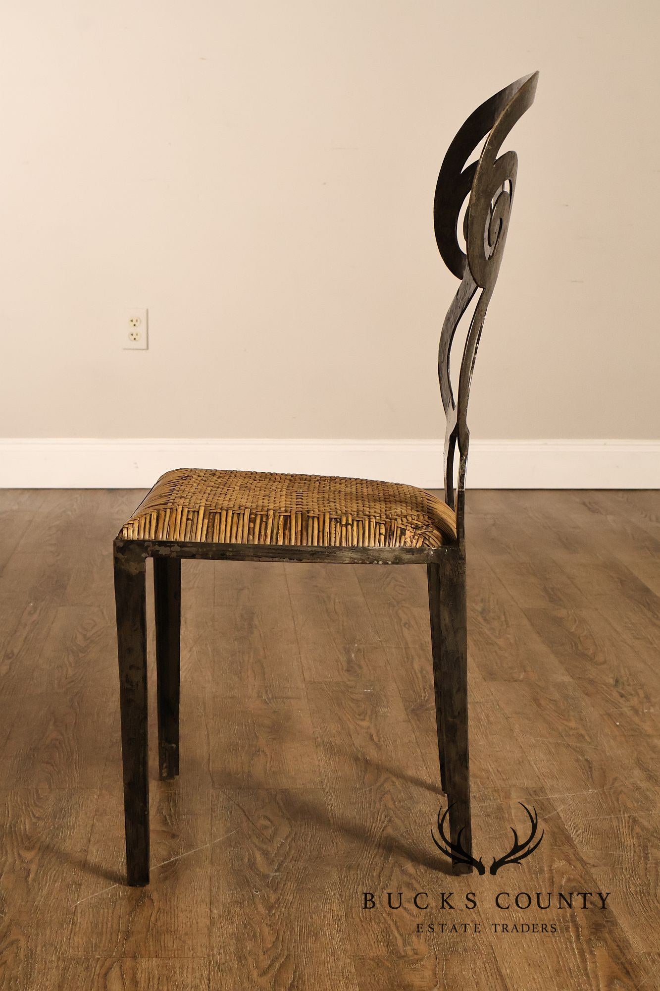 Biedermeier Style Pair Of Forged Iron And Woven Rattan Side Chairs