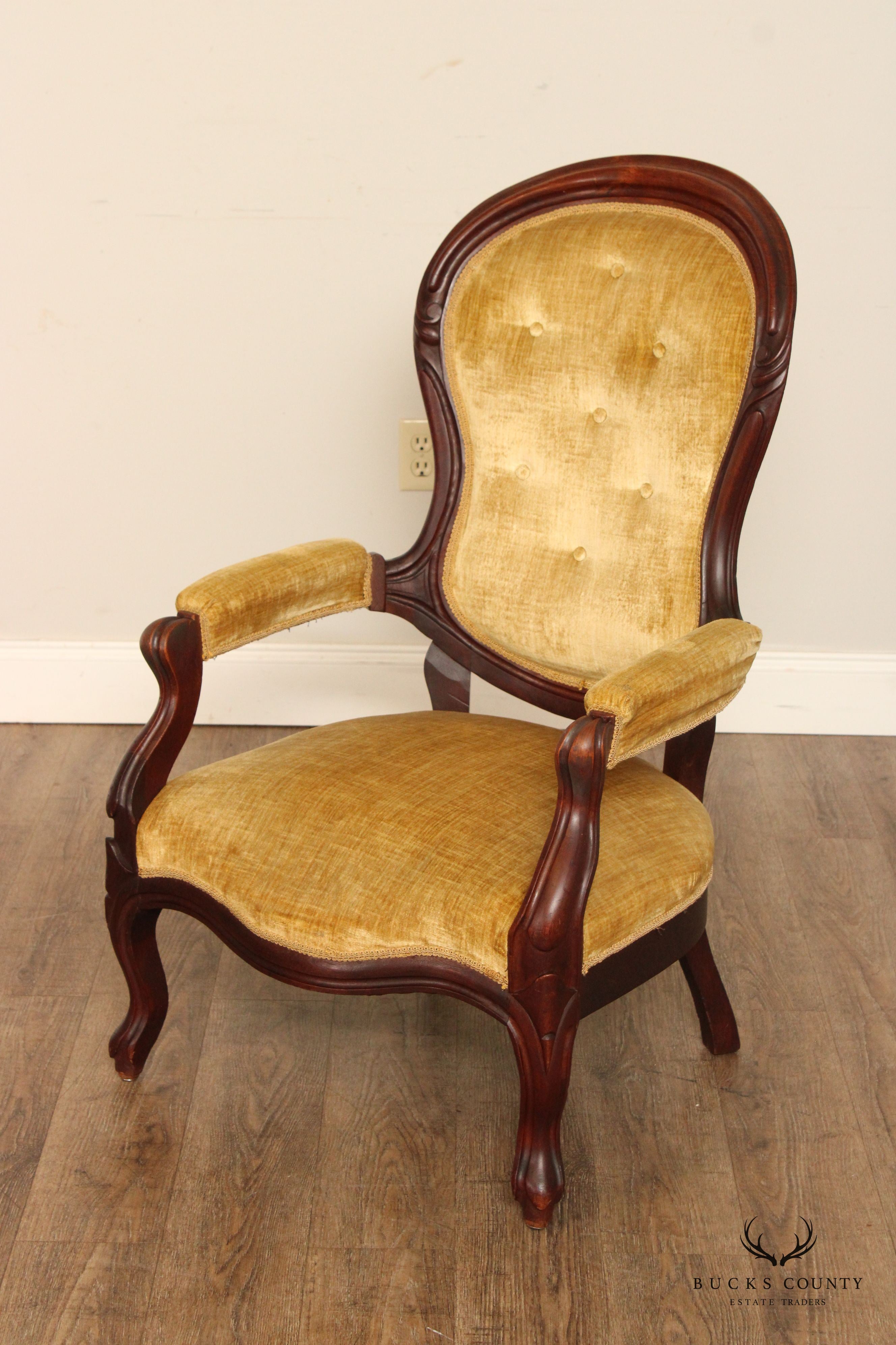 Antique Victorian Lady's and Gentleman's Complimenting Pair of Walnut Armchairs