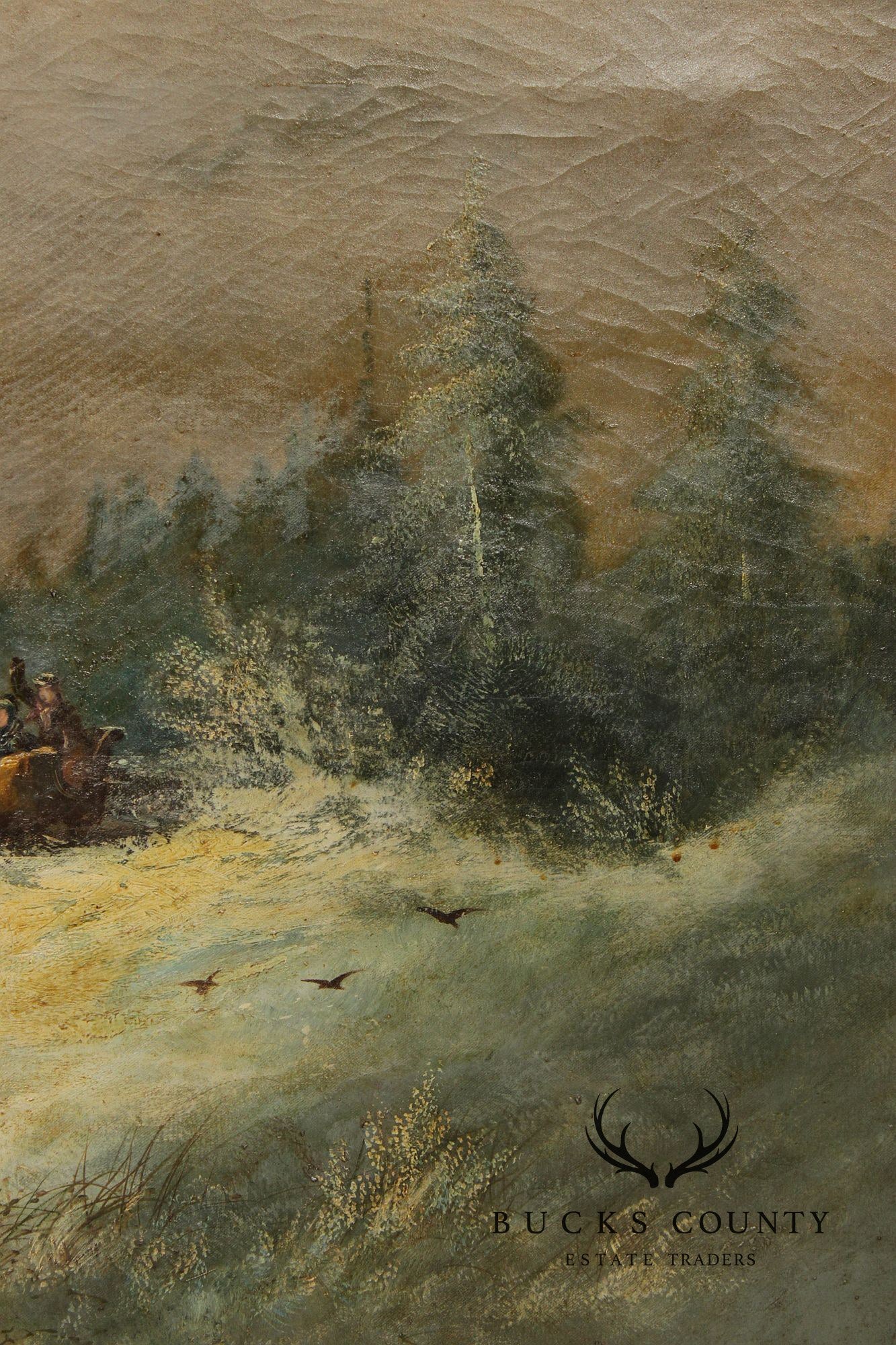Continental School Large Winter Landscape Painting, Sleigh Ride