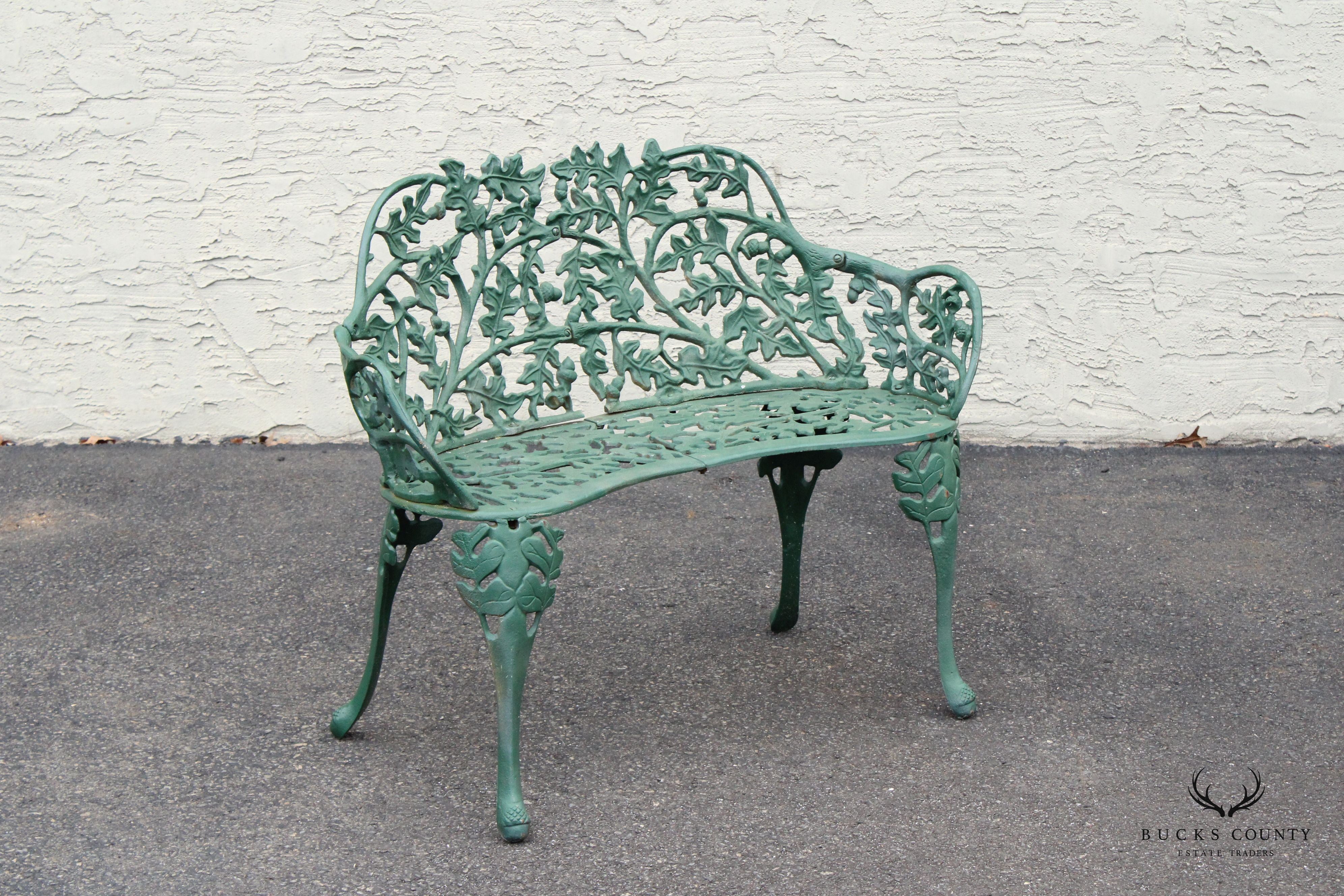 English Traditional Cast Iron Oak and Acorn Outdoor Garden Bench