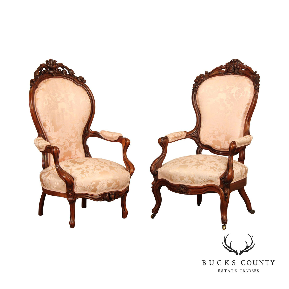 Antique Victorian Pair of Carved Walnut Armchairs