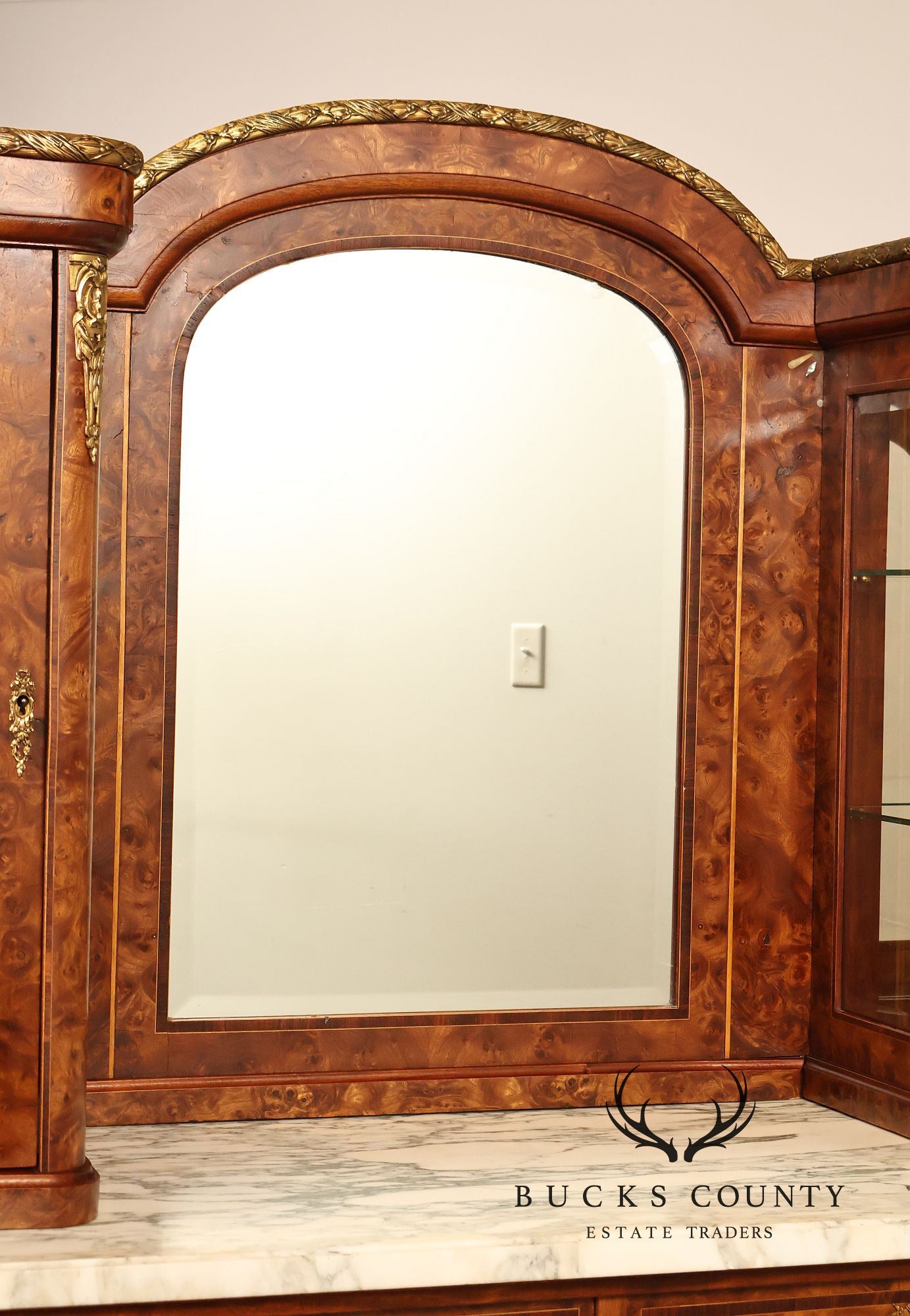 French Belle Époque Art Nouveau Burled Walnut Marble Top Sideboard With Display Cabinets