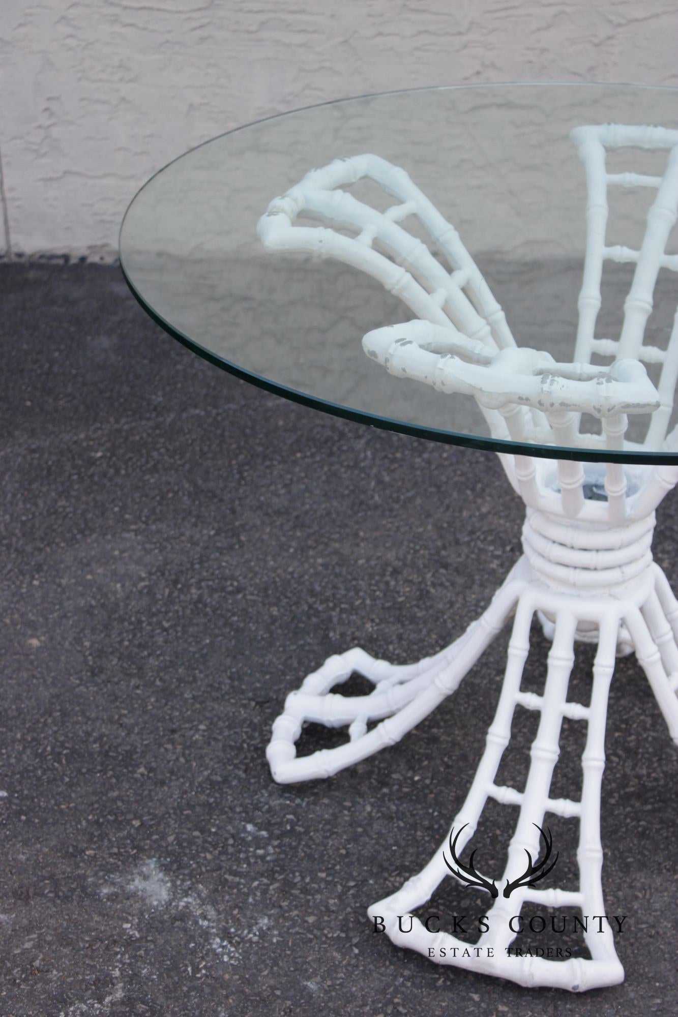 Hollywood Regency Cast Aluminum Faux Bamboo Round Glass Top Patio Table