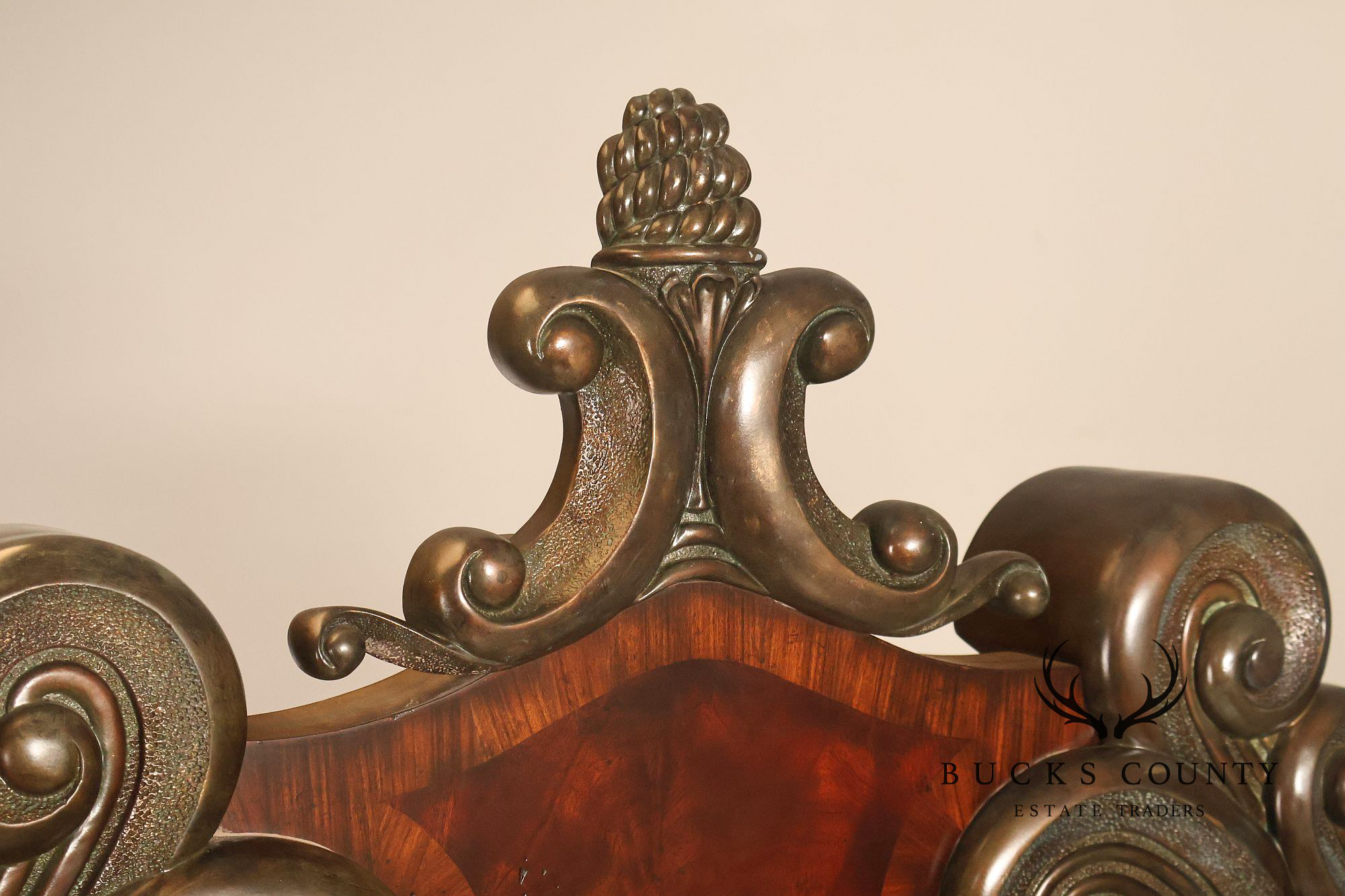 Maitland-Smith Large Mahogany Armoire Cabinet With Bronze Scrollwork Finials And Raised Panel Doors