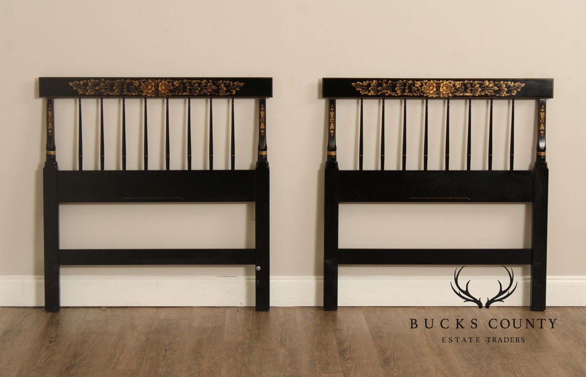 L. Hitchcock Pair of Stencil Painted Twin Spindle Headboards