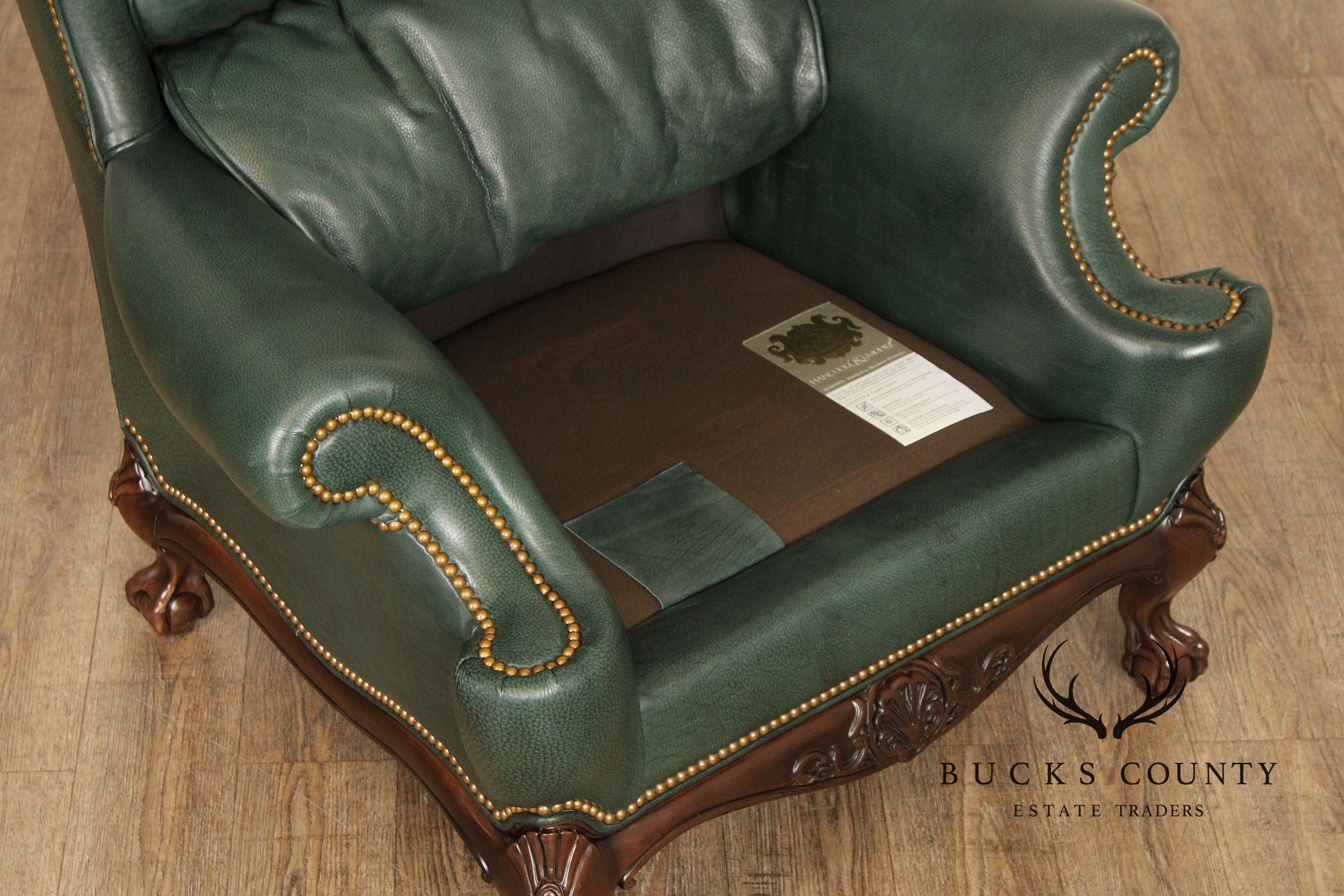 Hancock & Moore Chippendale Style Pair Of Green Leather Bustle Back Wing Chairs