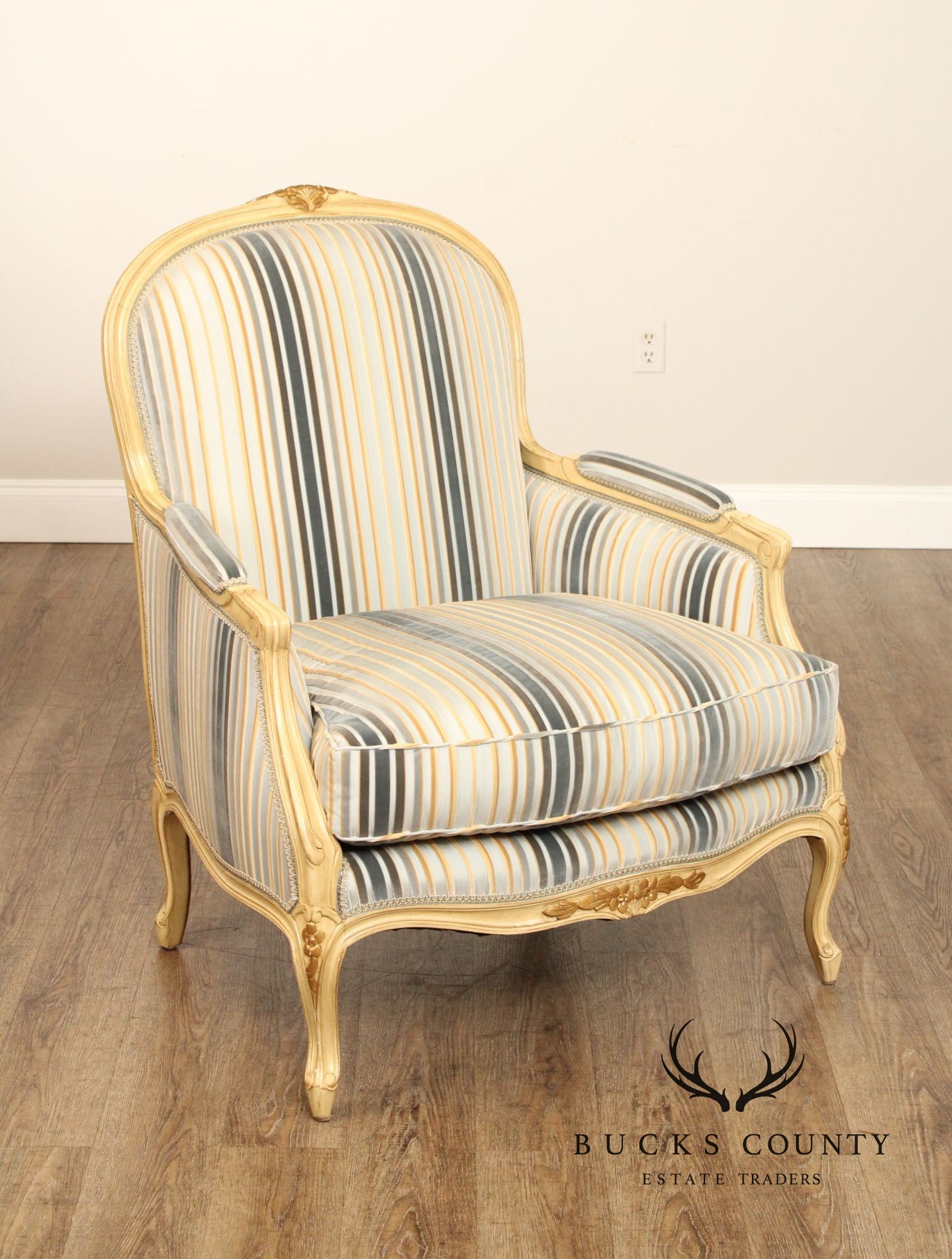 French Louis XV Style Pair of Cream Painted Custom Bergere Armchairs