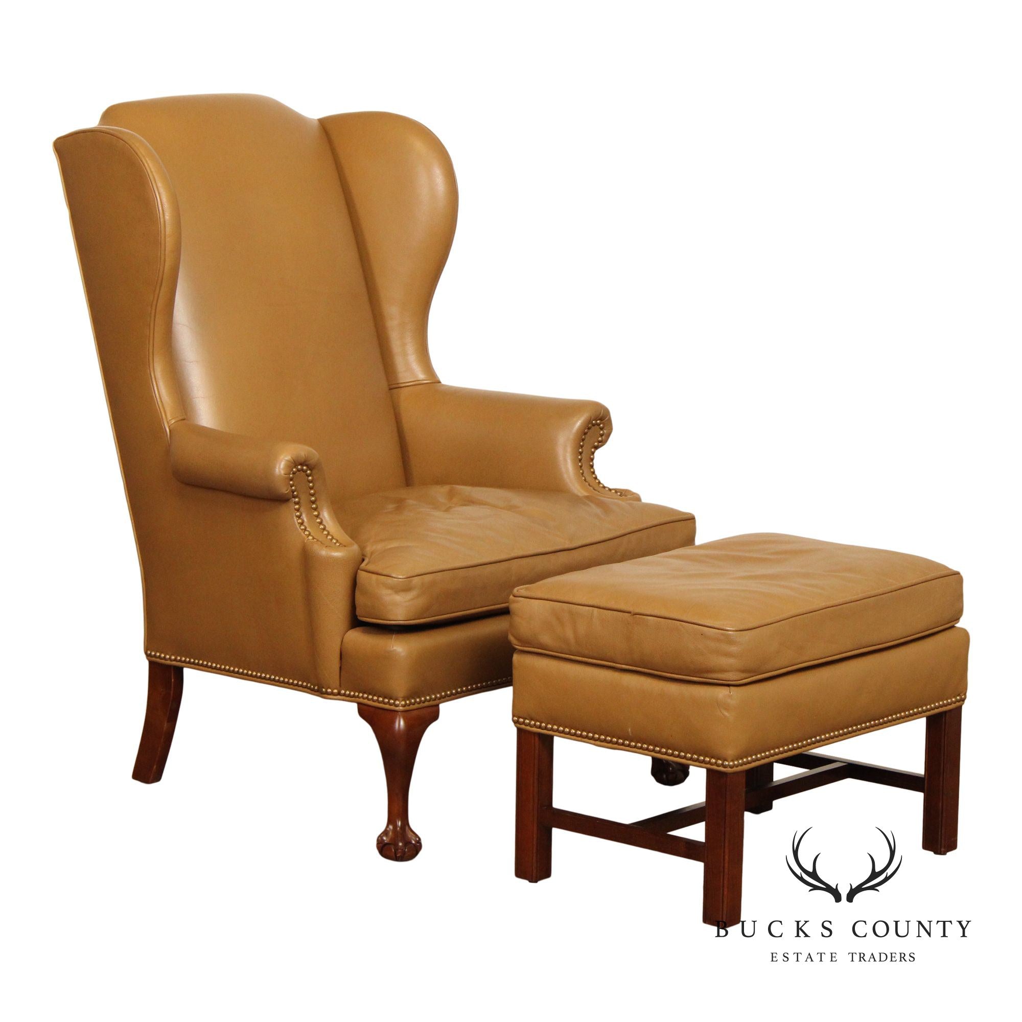 Dapha Chippendale Style Leather Wingback Chair and Ottoman