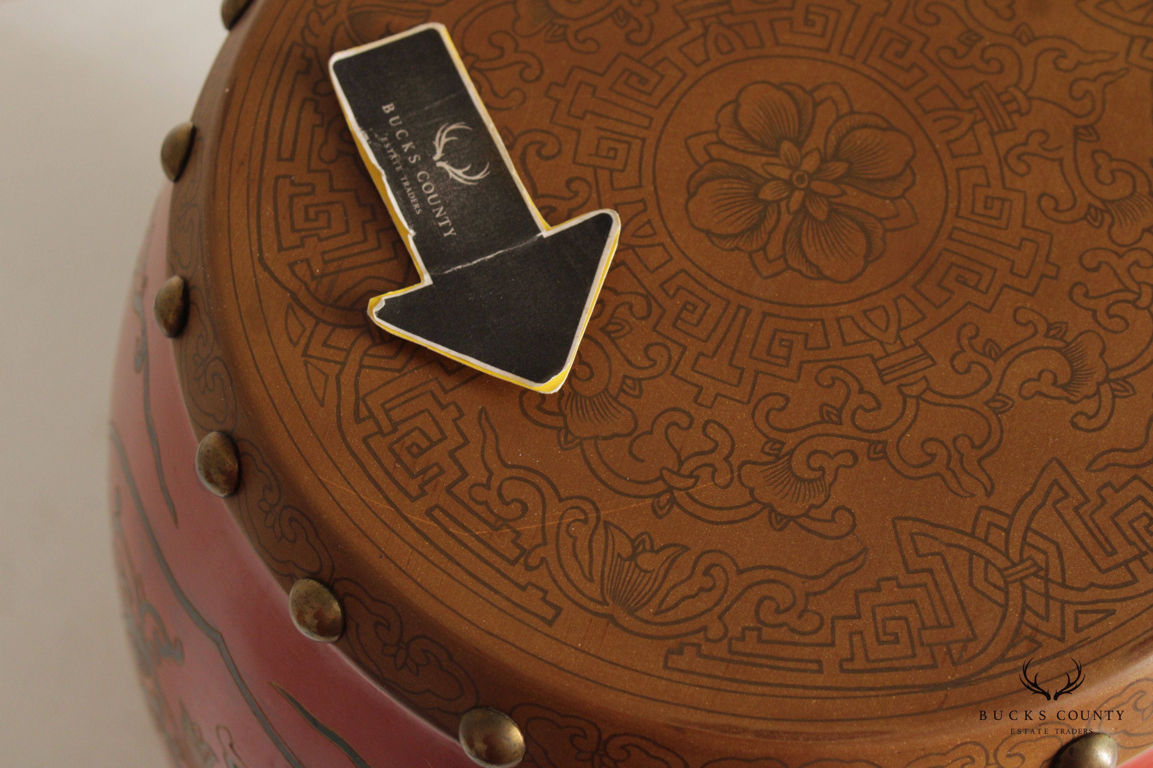 Asian Inspired Style Pair of Hand Painted Wooden Drum Stools