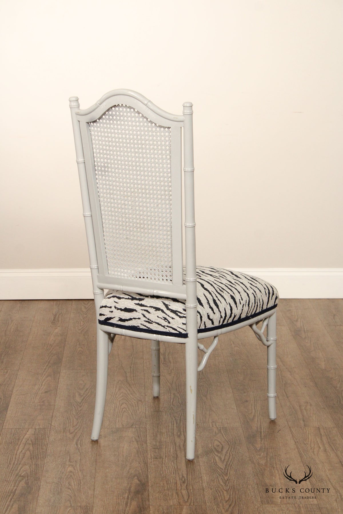 Hollywood Regency Set of Eight Faux Bamboo and Cane Dining Chairs