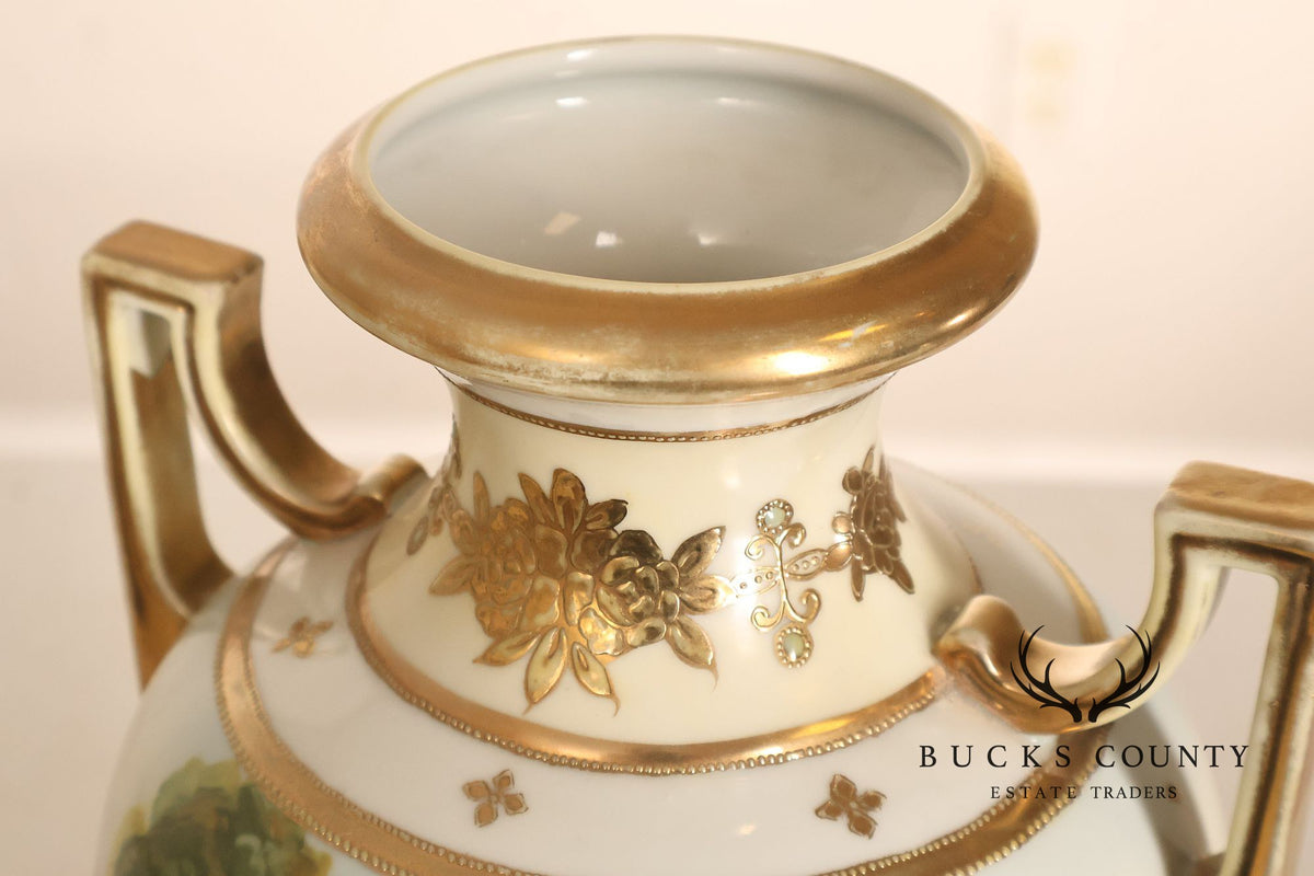 Antique Hand Painted Nippon Porcelain Twin Handle Landscape Urn With Gilt Decoration