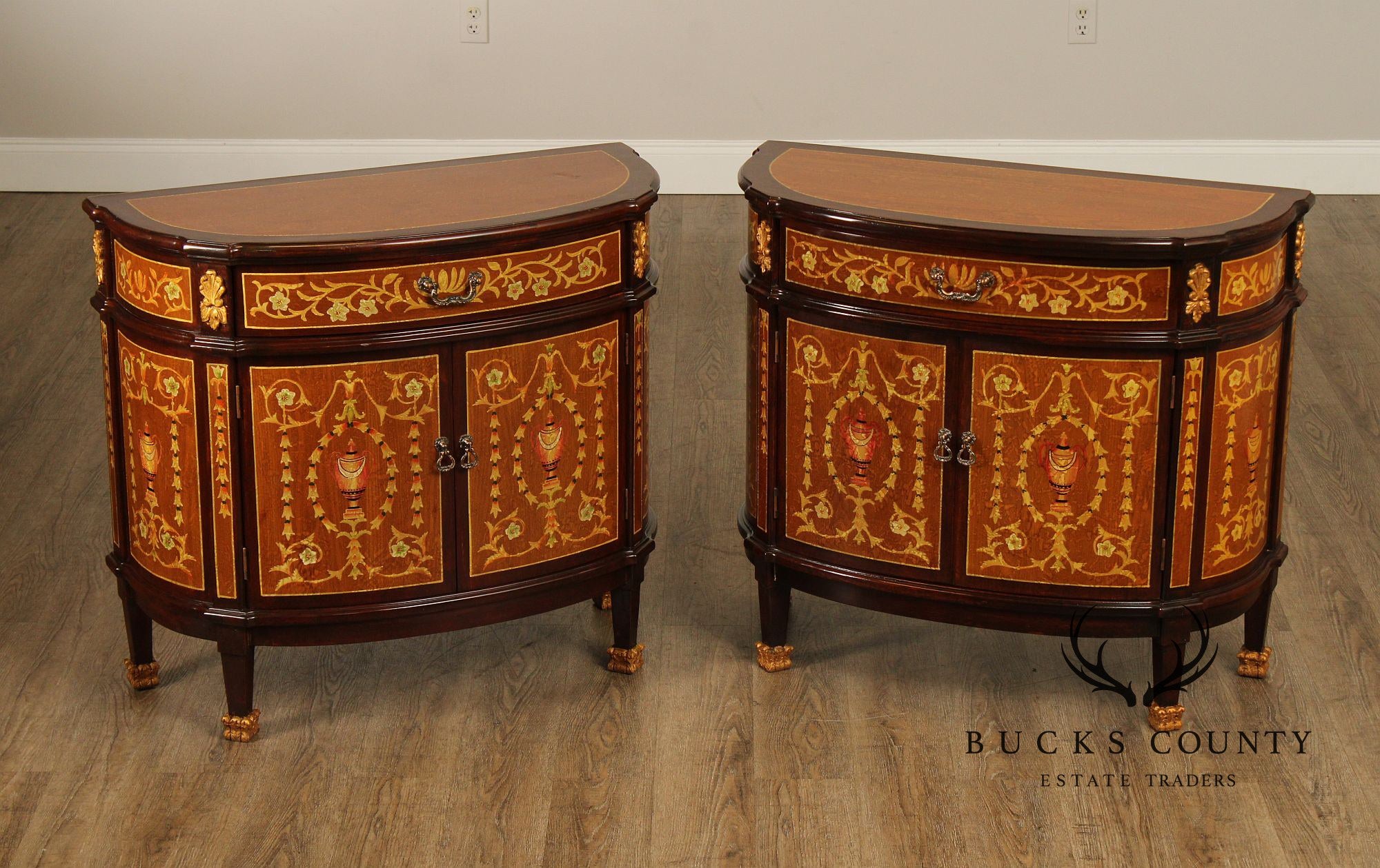 Italian Neoclassical Style Pair of Marquetry Demilune Commodes