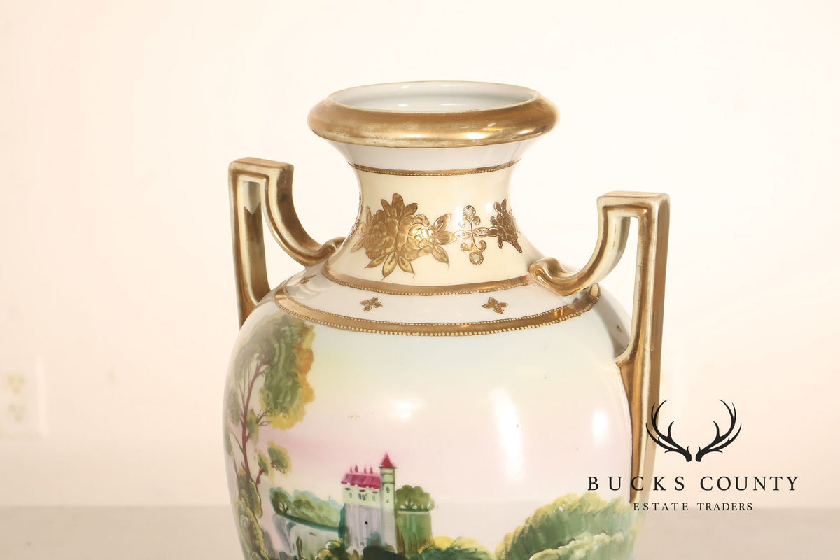 Antique Hand Painted Nippon Porcelain Twin Handle Landscape Urn With Gilt Decoration