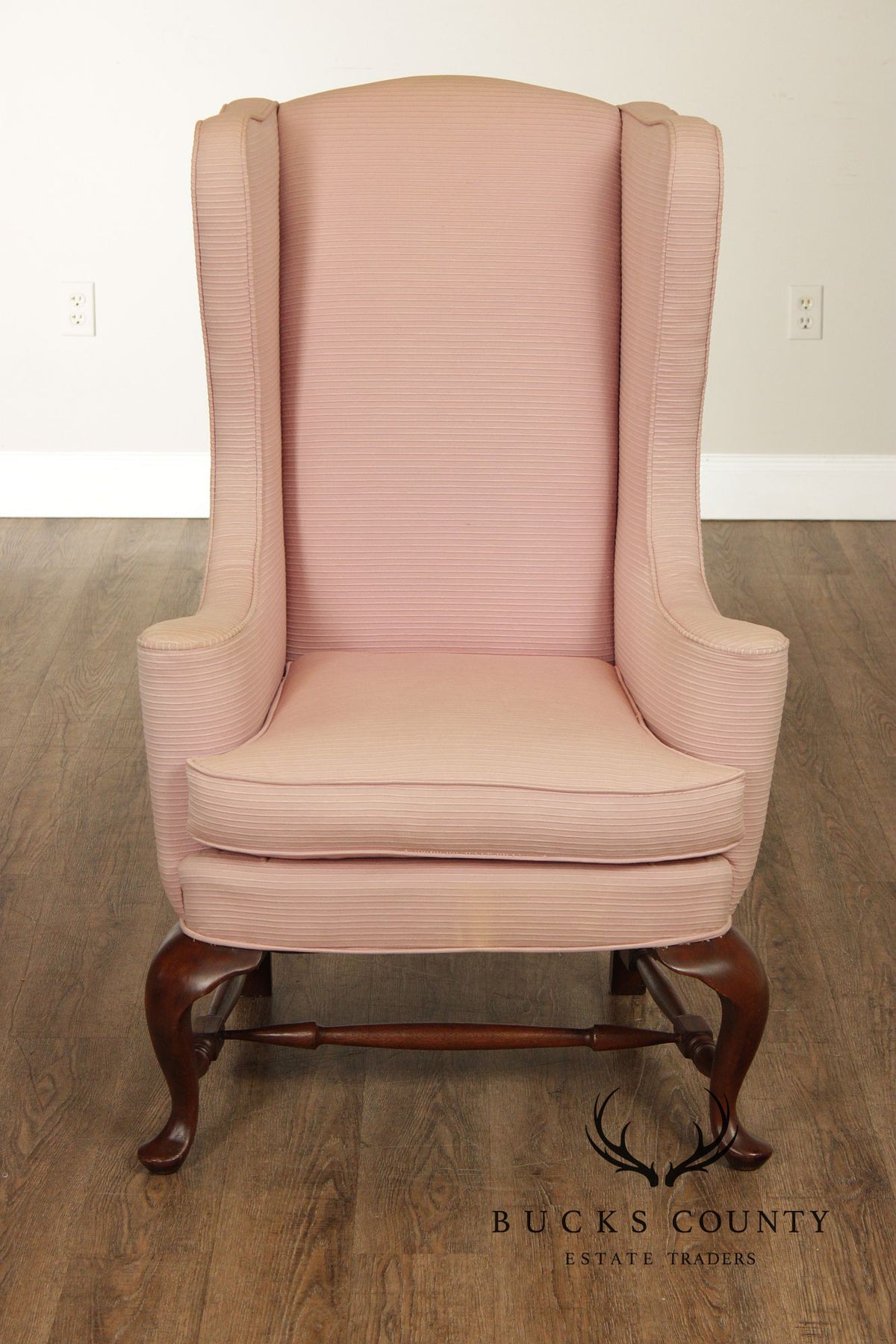 Custom Quality Vintage Pink Upholstered Wingback Chair With Cabriole Legs