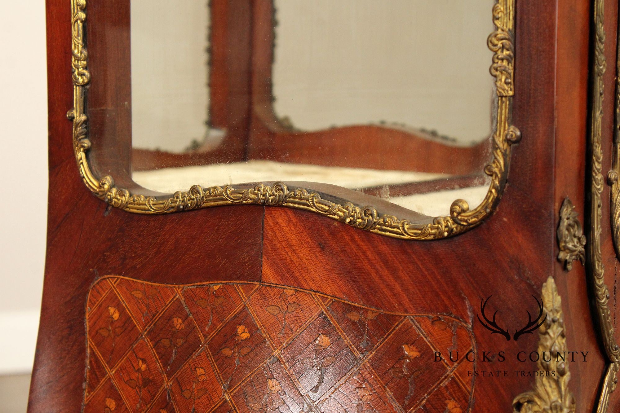 French Louis XV Style Inlaid and Bronze Ormolu Vitrine Cabinet