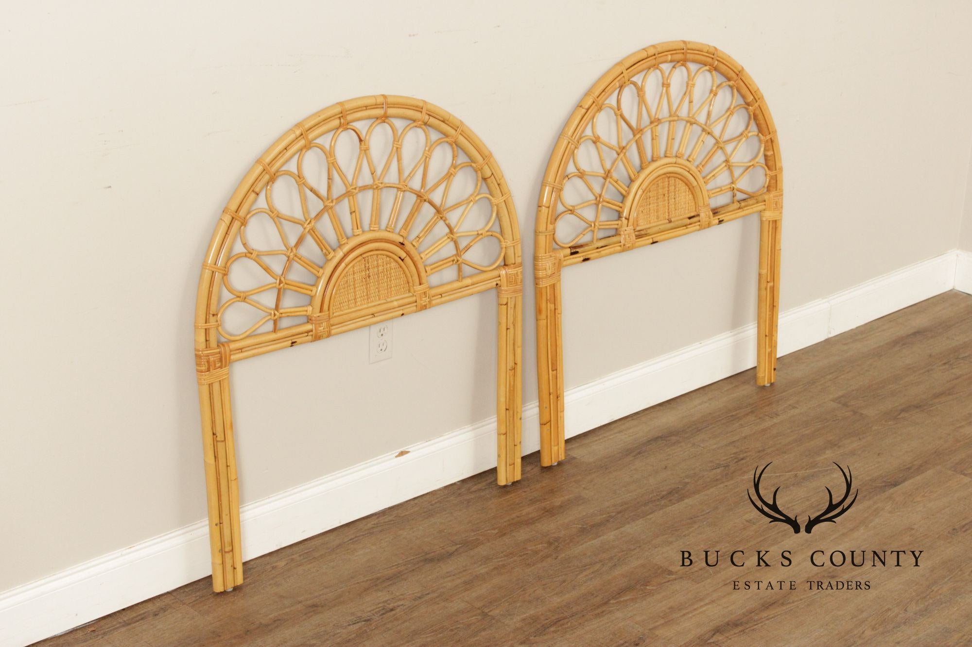 Boho Coastal Style Vintage Pair of Bamboo and Rattan Twin Headboards