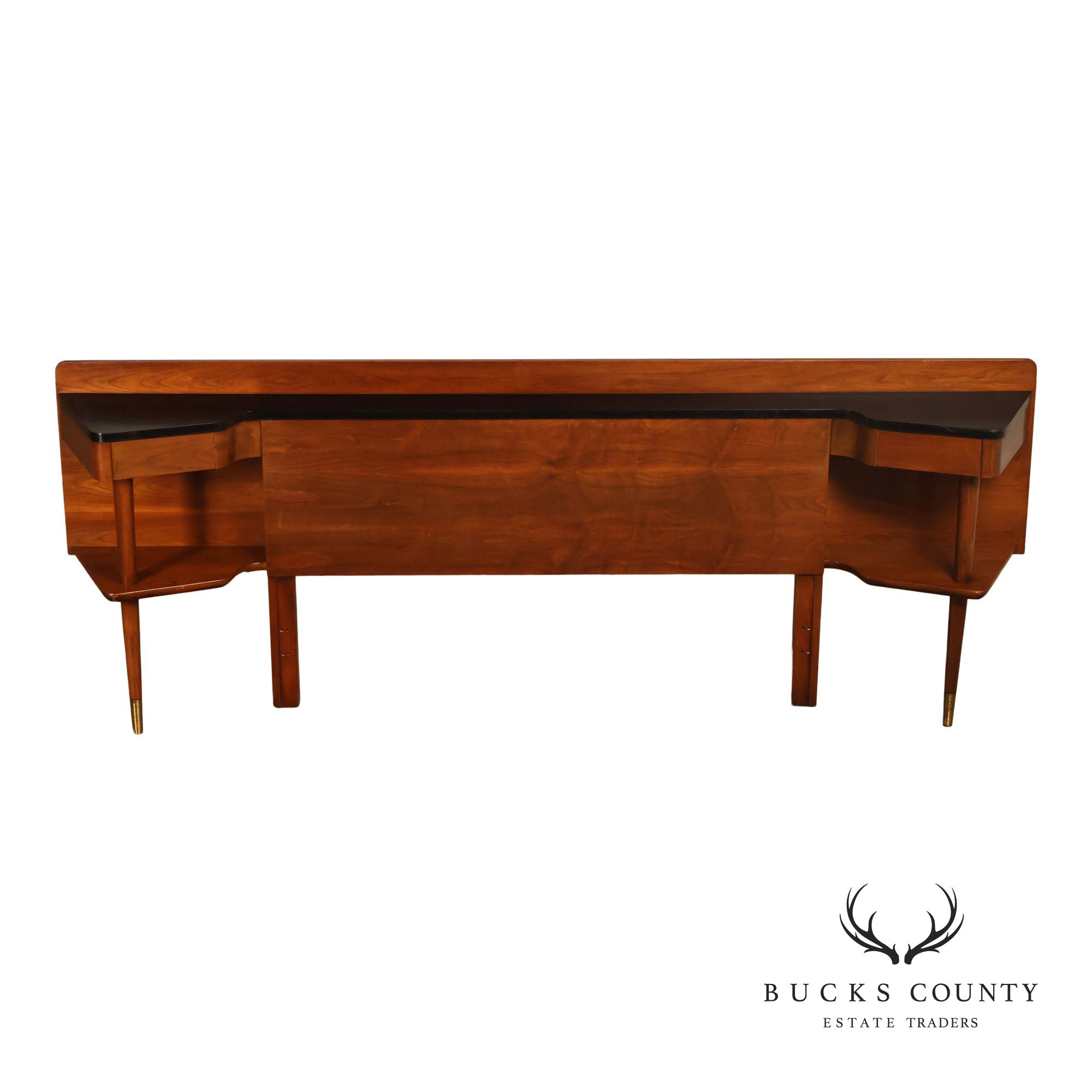 American Of Martinsville Mid-Century Modern Walnut Headboard With Black Laminate Top And Brass Feet- Full Size