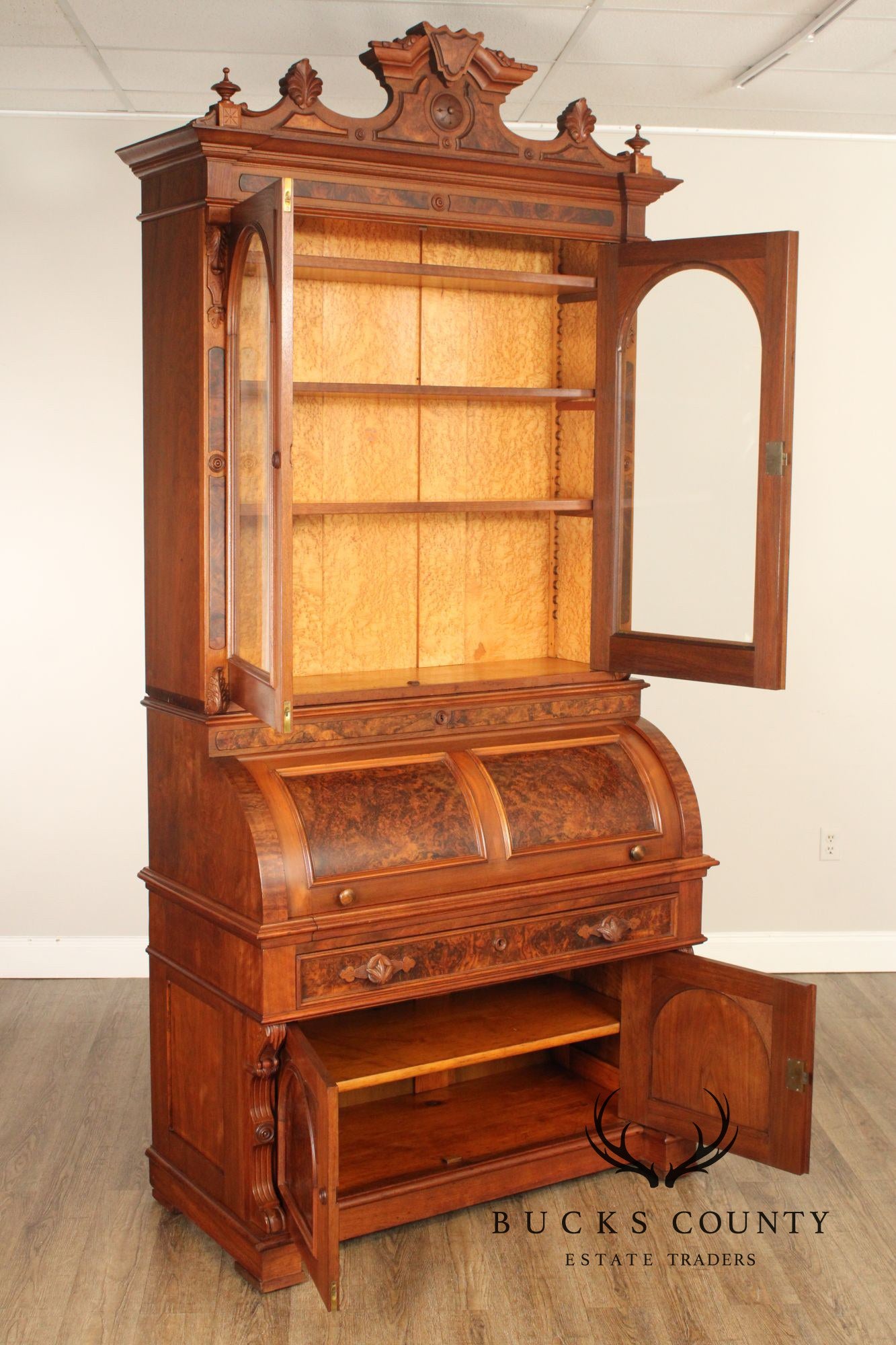 Antique American Renaissance Revival Walnut Secretary Cylinder Desk