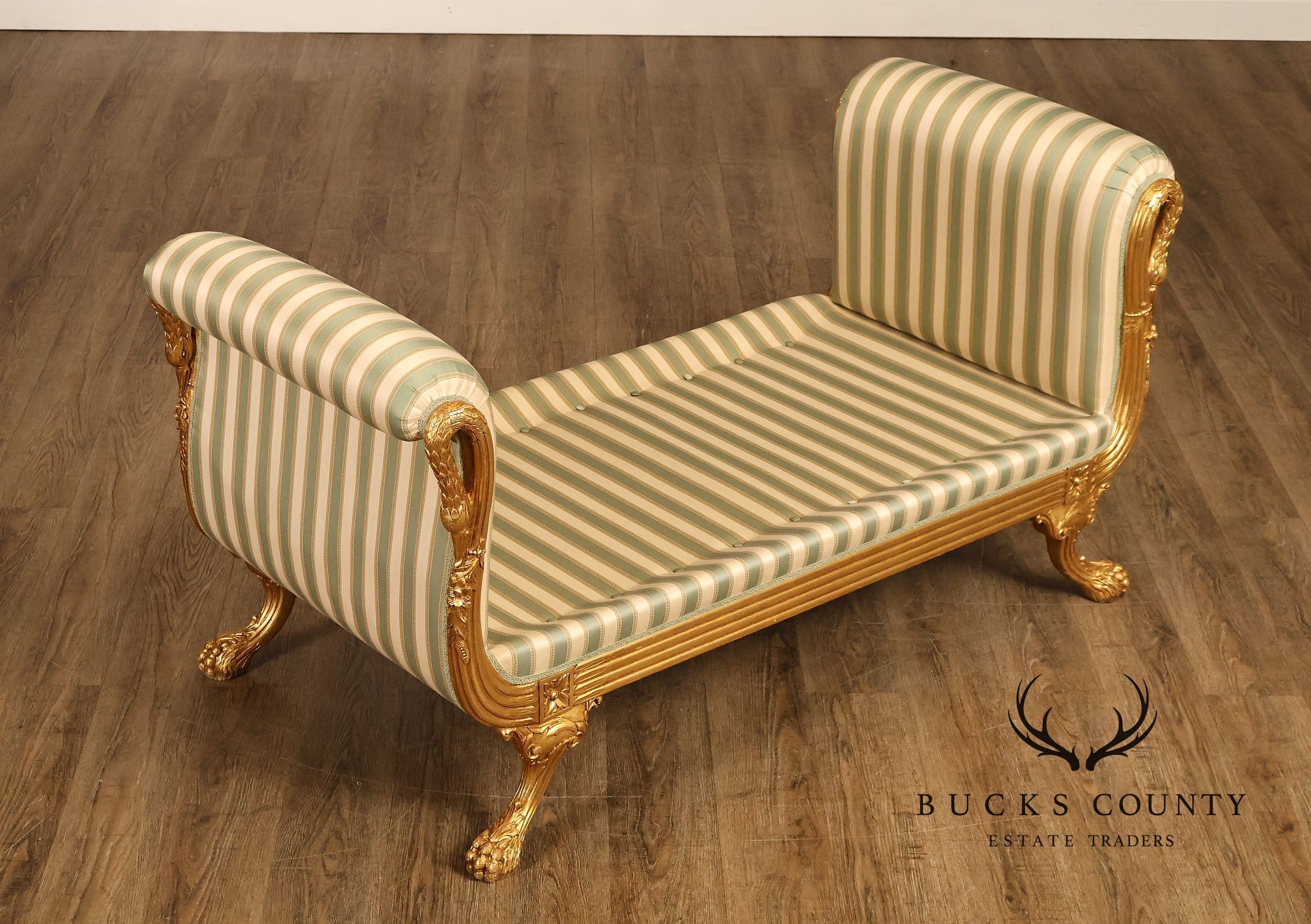 Quality Empire Style Swan Carved Giltwood Upholstered Bench