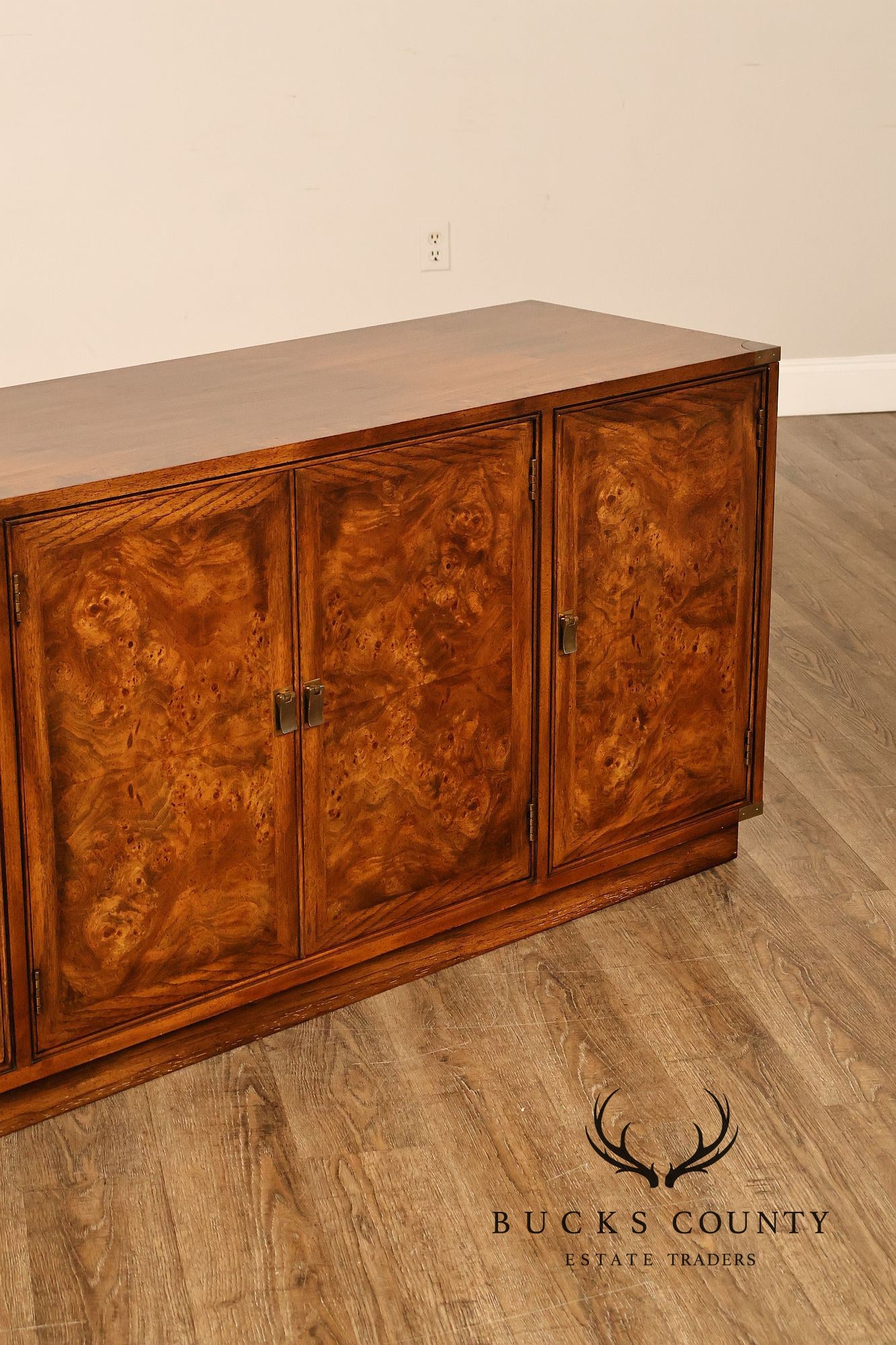 Hickory Manufacturing Vintage Campaign Style Burlwood Buffet Sideboard