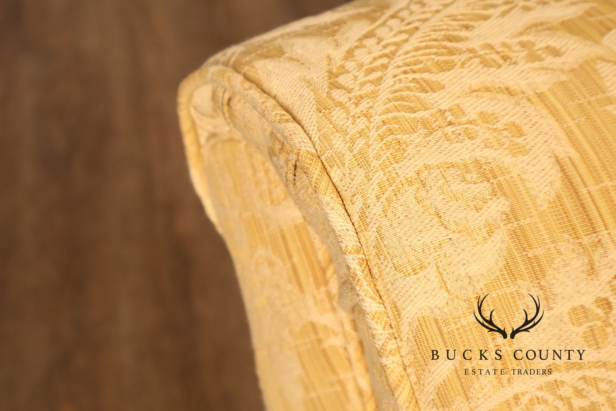 Custom Pair Of Skirted Damask Upholstered Lounge Chairs