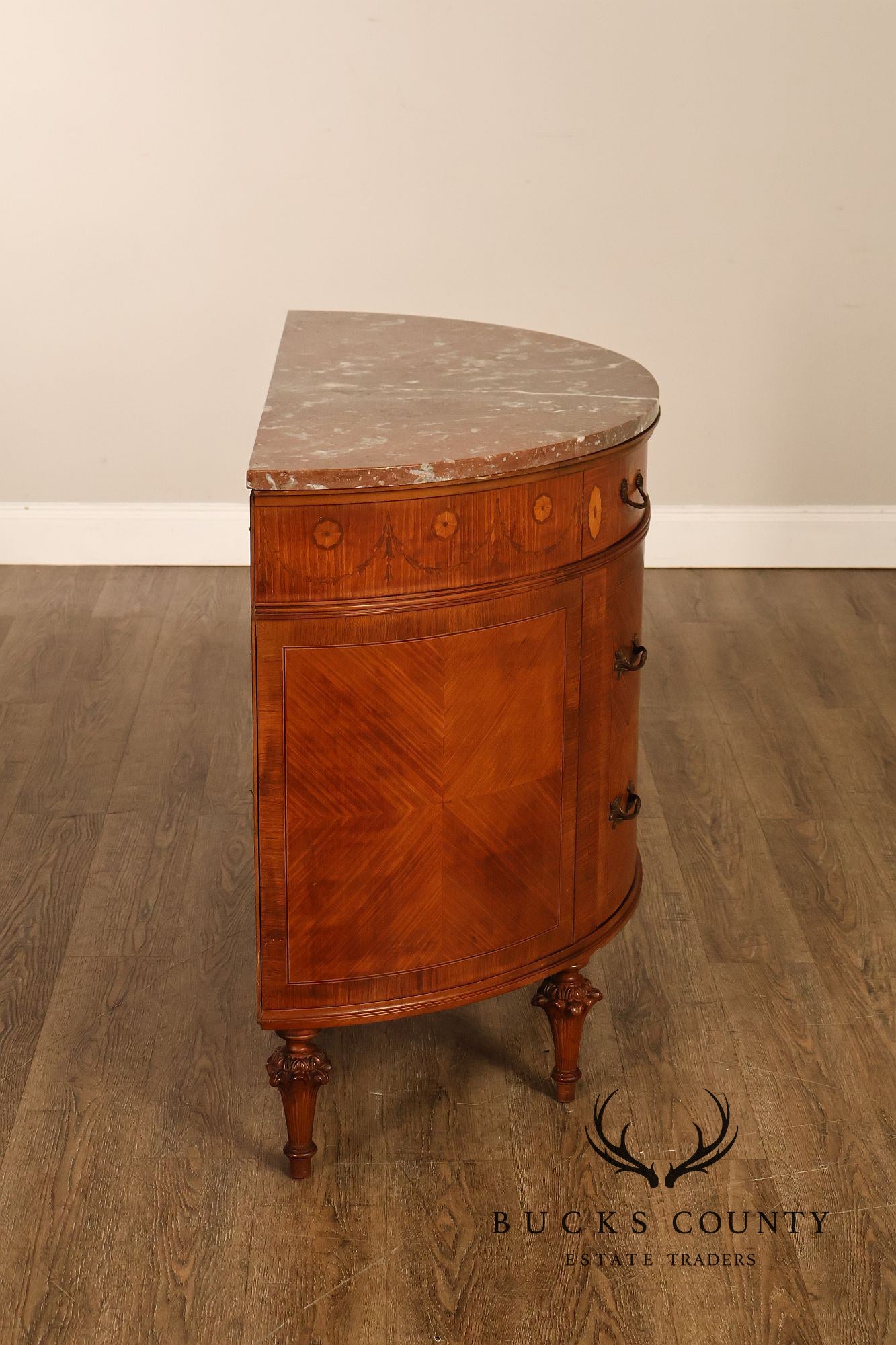 Antique French Louis XVI Neoclassical Inlaid Demilune Marble Top Commode