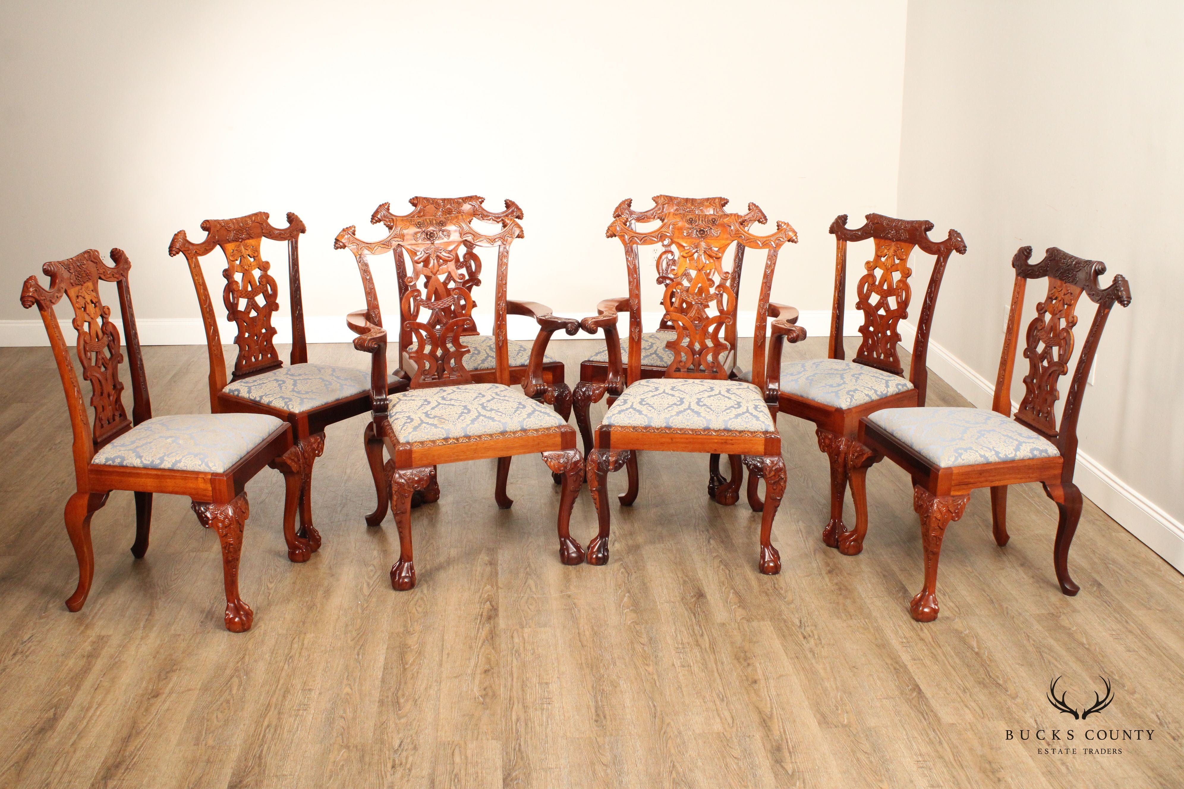 Georgian Style Set of Eight Carved Mahogany Dining Chairs