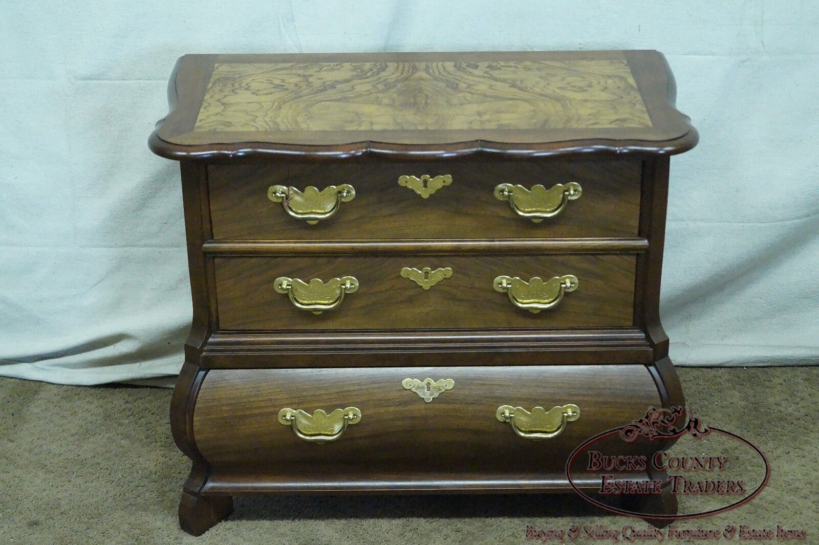 Baker Furniture Small Burl Wood & Walnut Bombe Chest