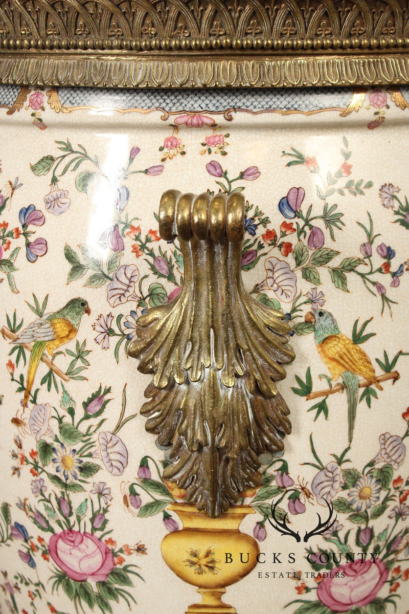 Wong Lee Antiqued Gilt Bronze Footed Porcelain Urn
