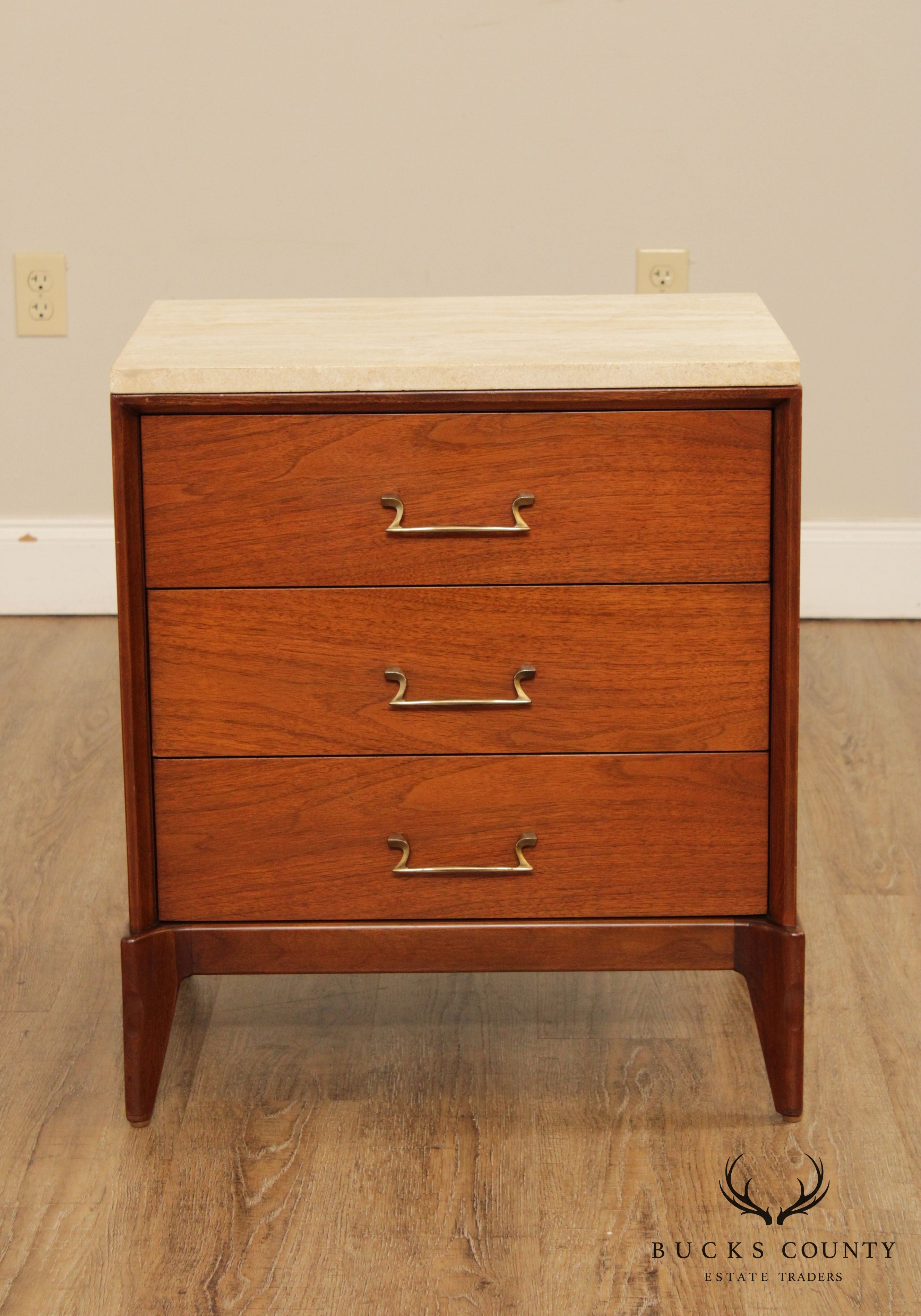 Mid Century Modern Pair Walnut Travertine Top 3 Drawer Nightstands