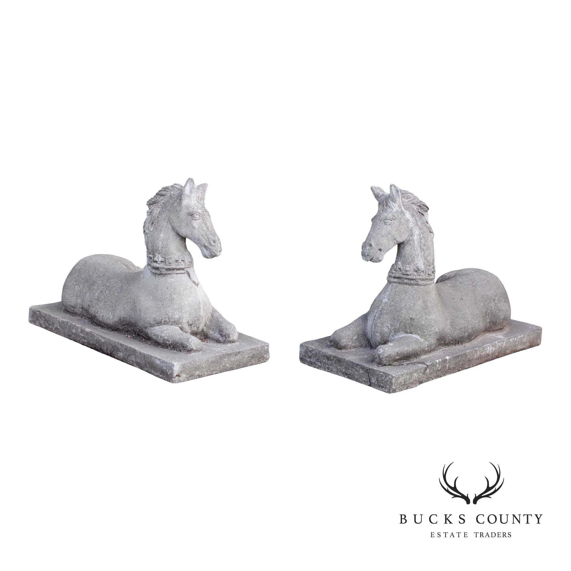 Vintage Pair Of Cast Stone Horse Garden Statues