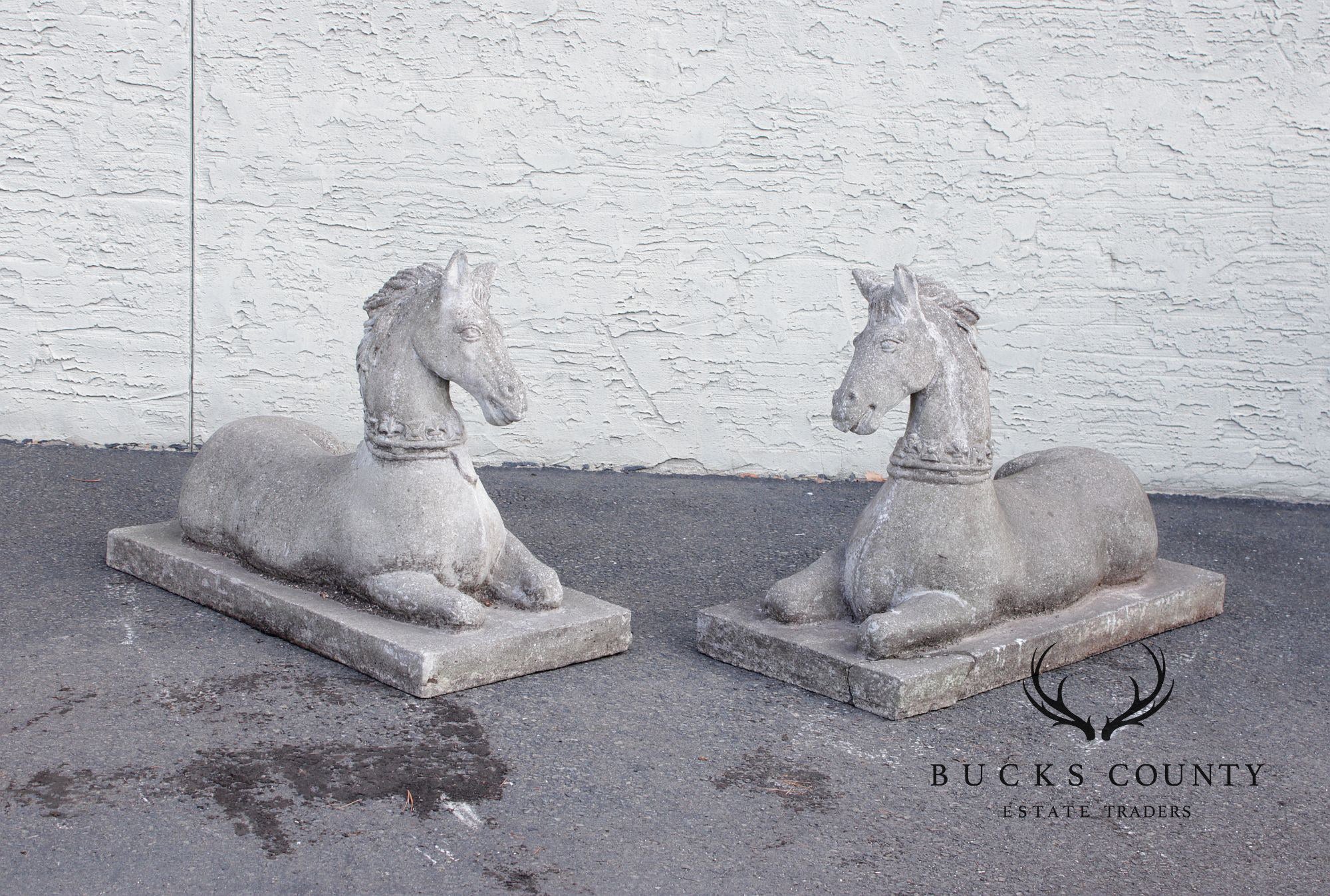 Vintage Pair Of Cast Stone Horse Garden Statues