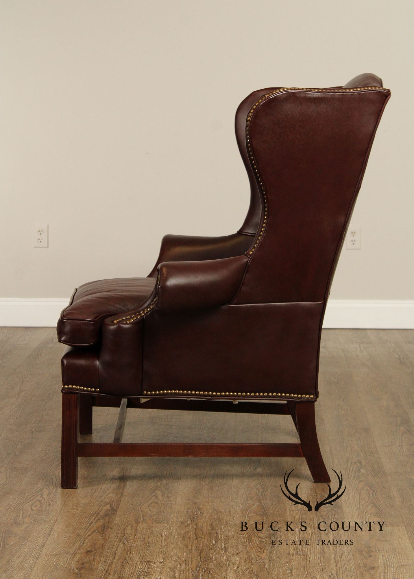 Chippendale Style Pair Of High Back Leather Wing Chairs