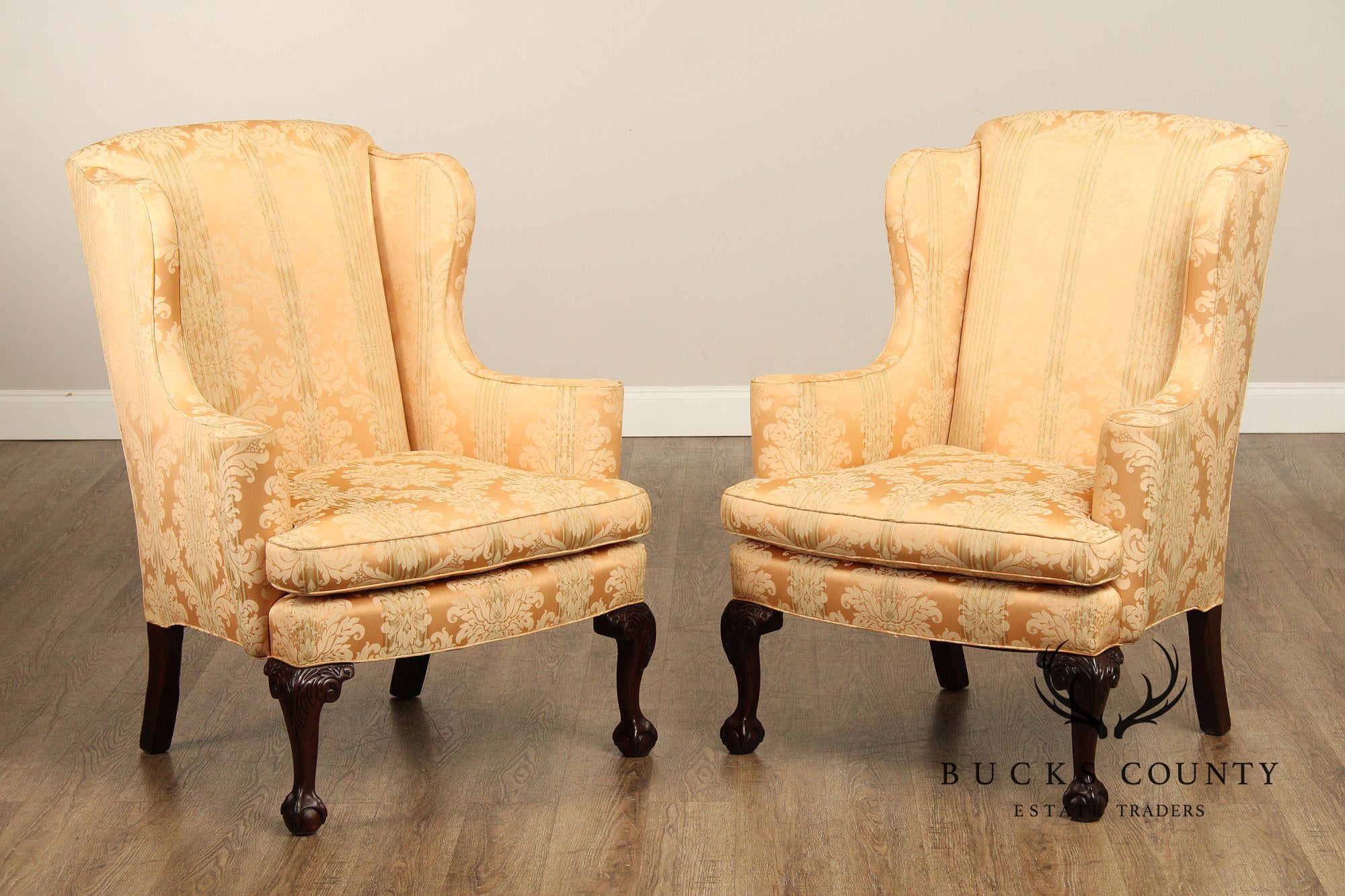 Georgian Style Pair of Carved Mahogany Wing Chairs