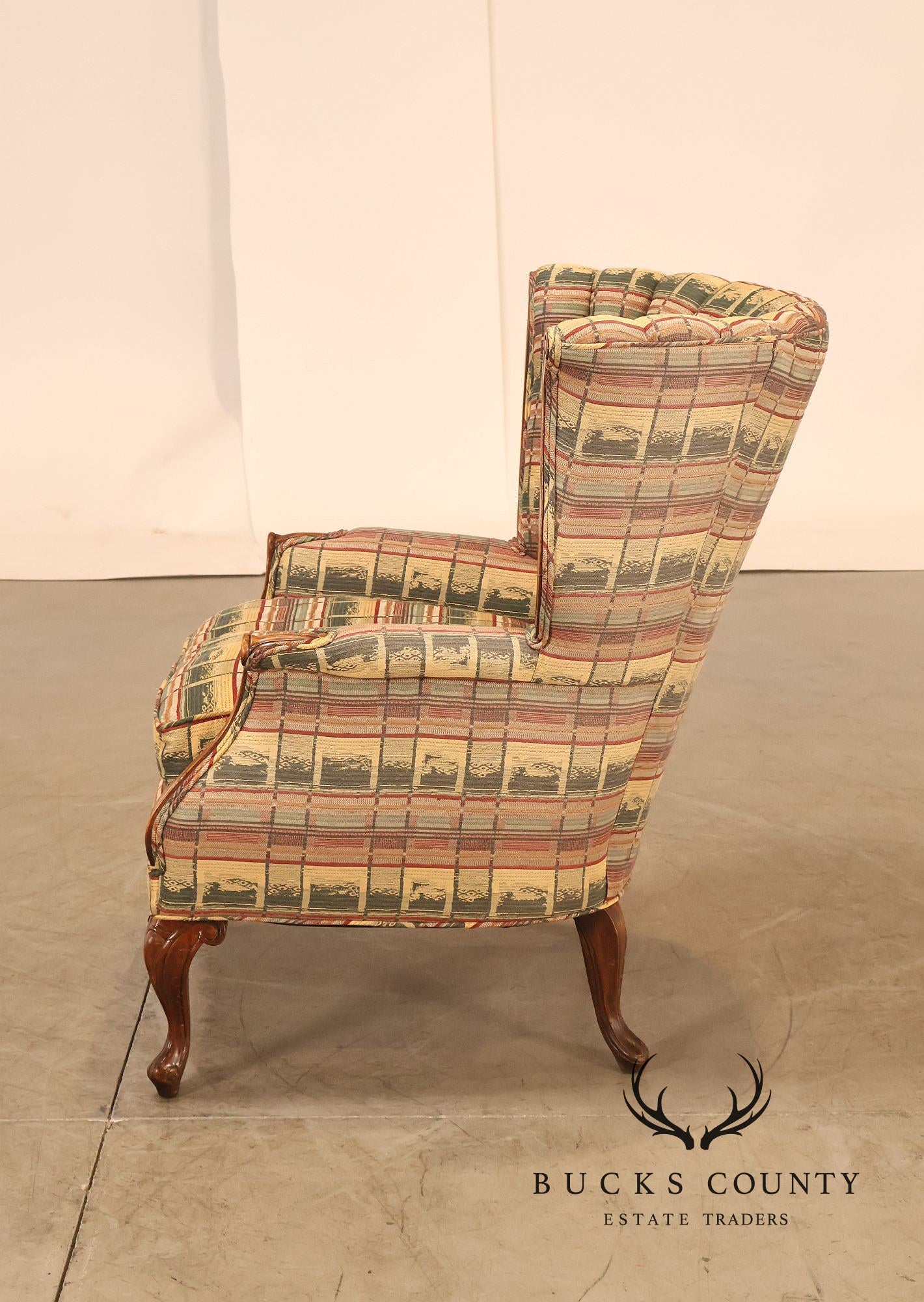 Vintage Channel Back Carved Frame Wingback Armchair