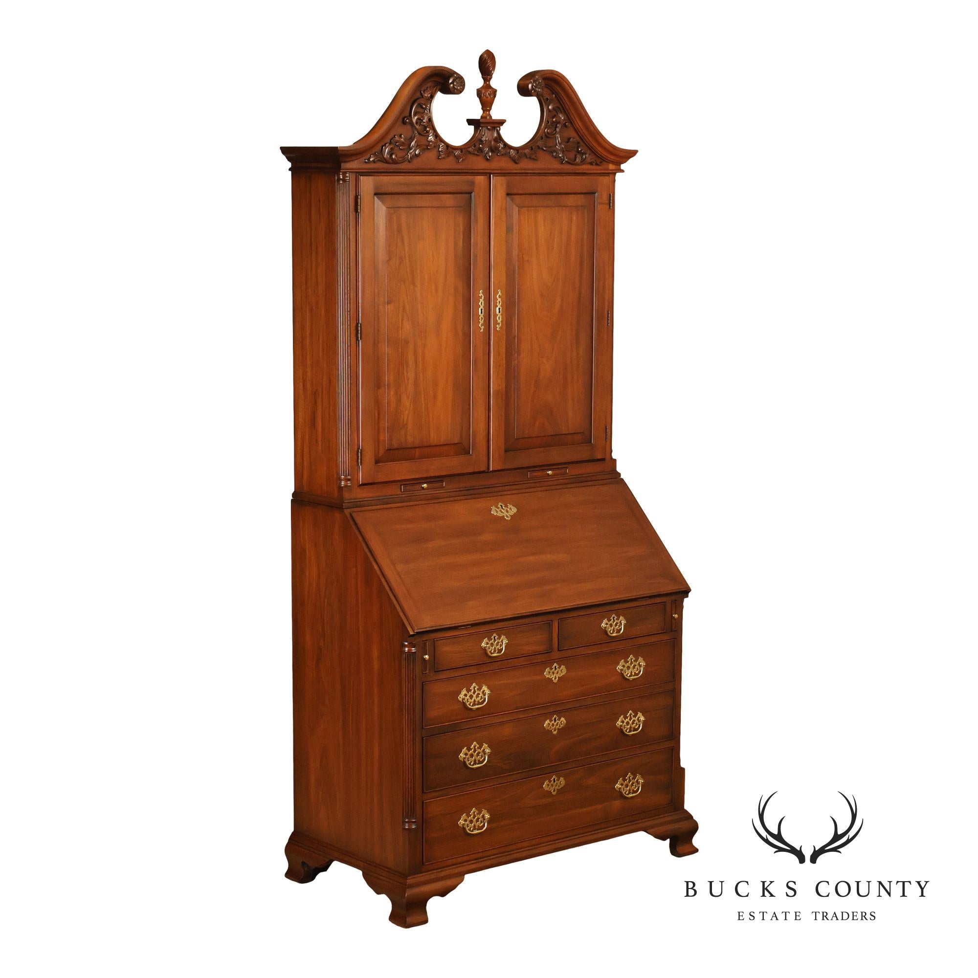 HENKEL HARRIS CHIPPENDALE STYLE TWO PART BLACK WALNUT BLIND DOOR SECRETARY DESK