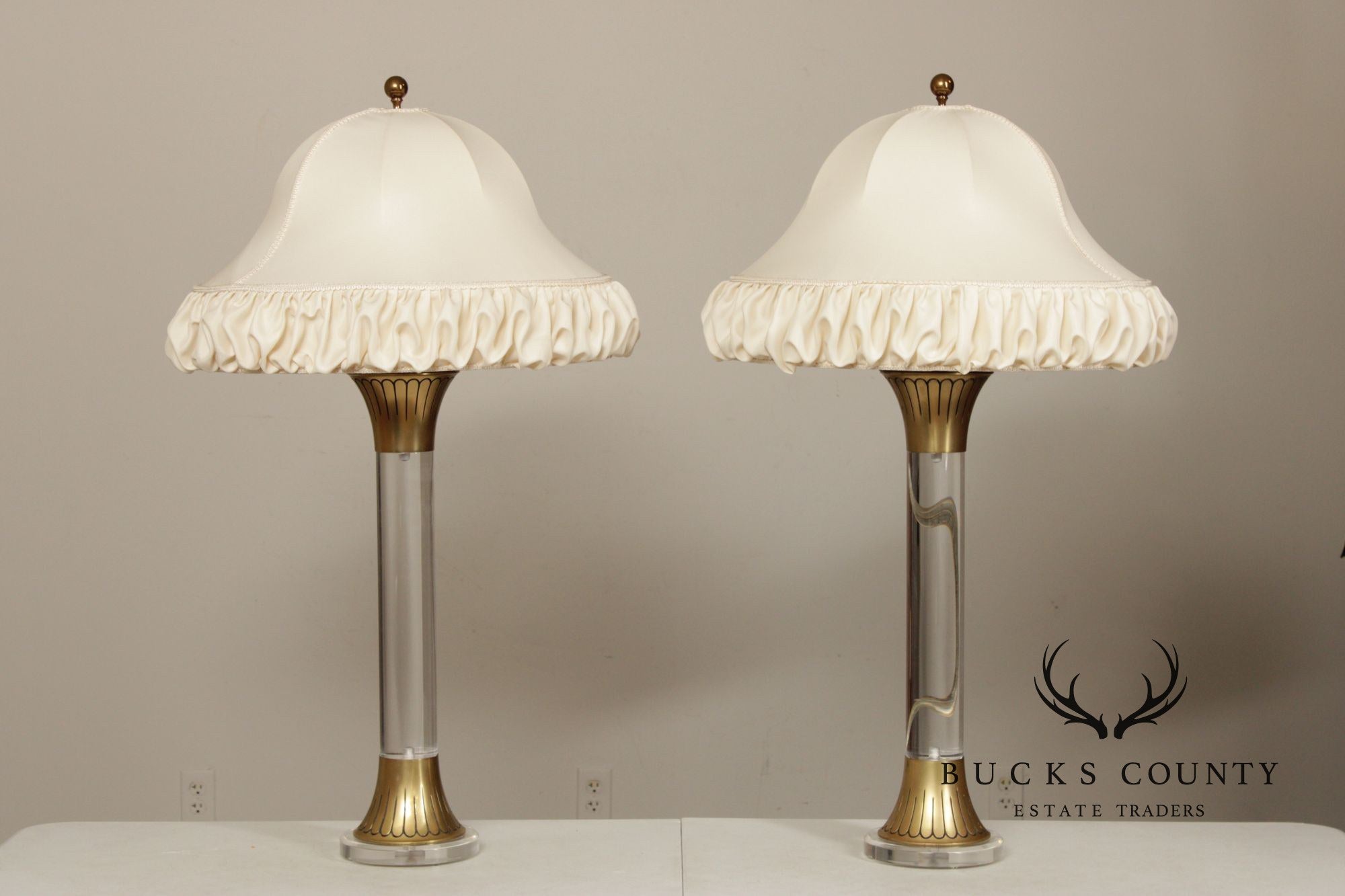Leviton Art Deco Style Pair of Brass And Lucite Table Lamps
