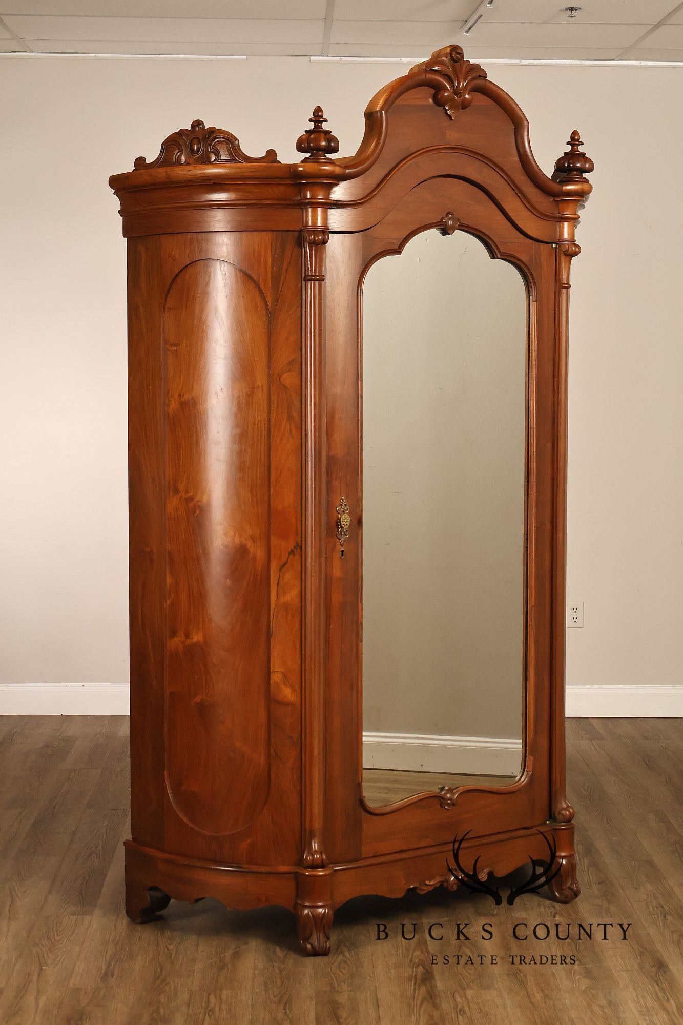 Antique Renaissance Revival Louis XV Style Carved Walnut Mirrored Armoire