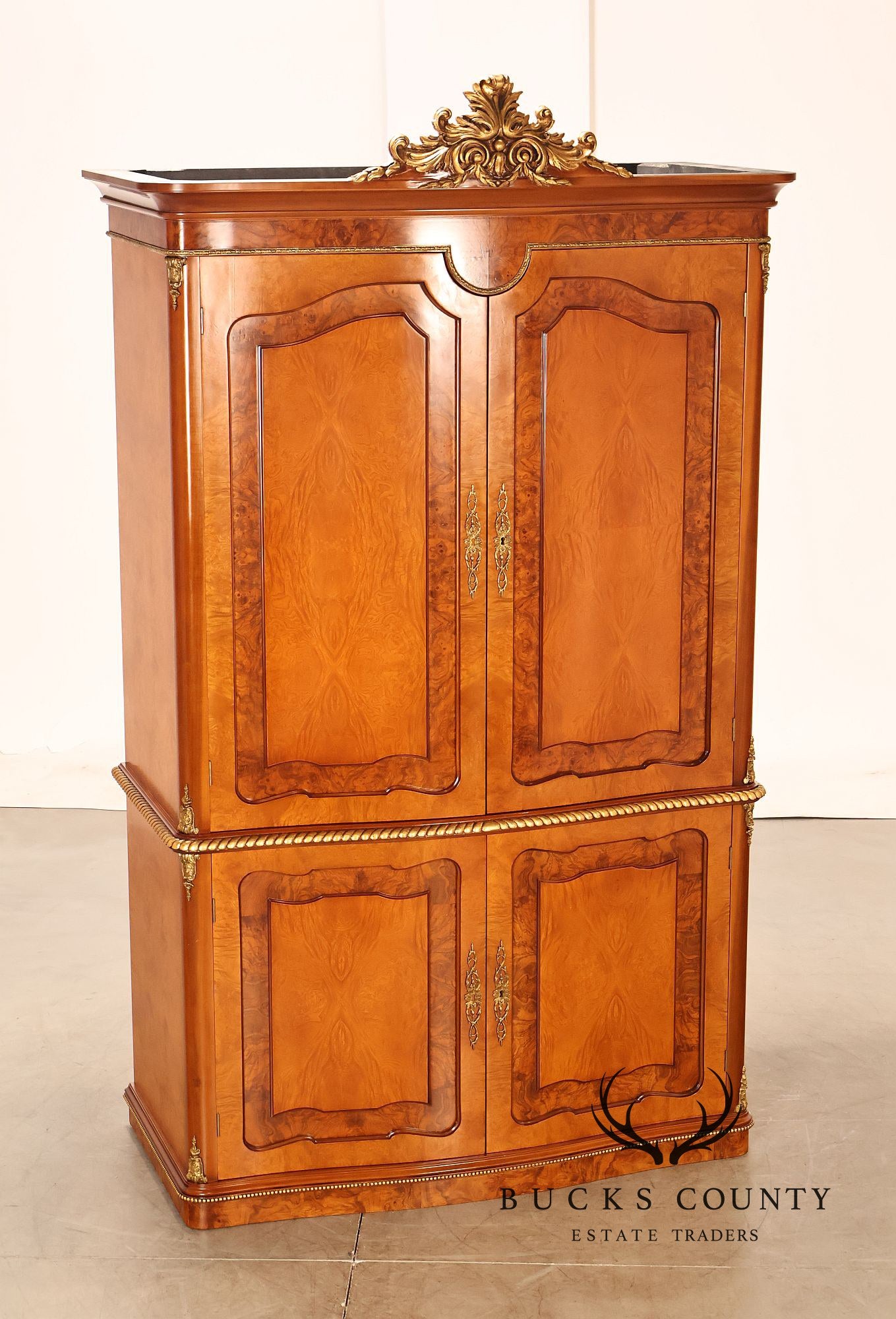 French Louis XV Style Burl Walnut Linen Closet Armoire