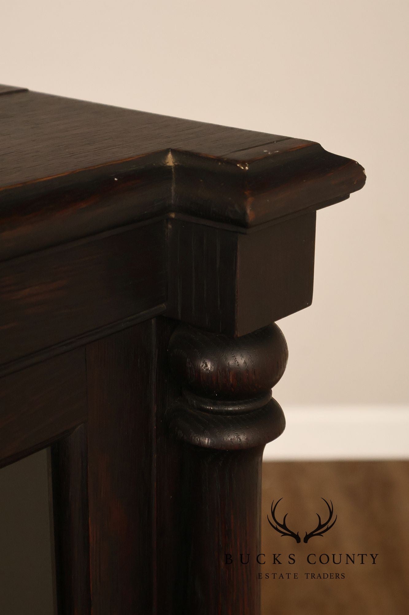 Antique Carved Oak Glass Door Triple Bookcase