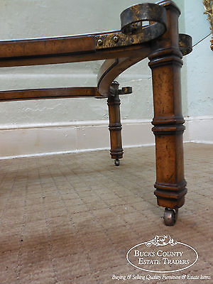 Vintage Spanish Mediterranean Style Walnut Scrolled Metal Glass Top Coffee Table