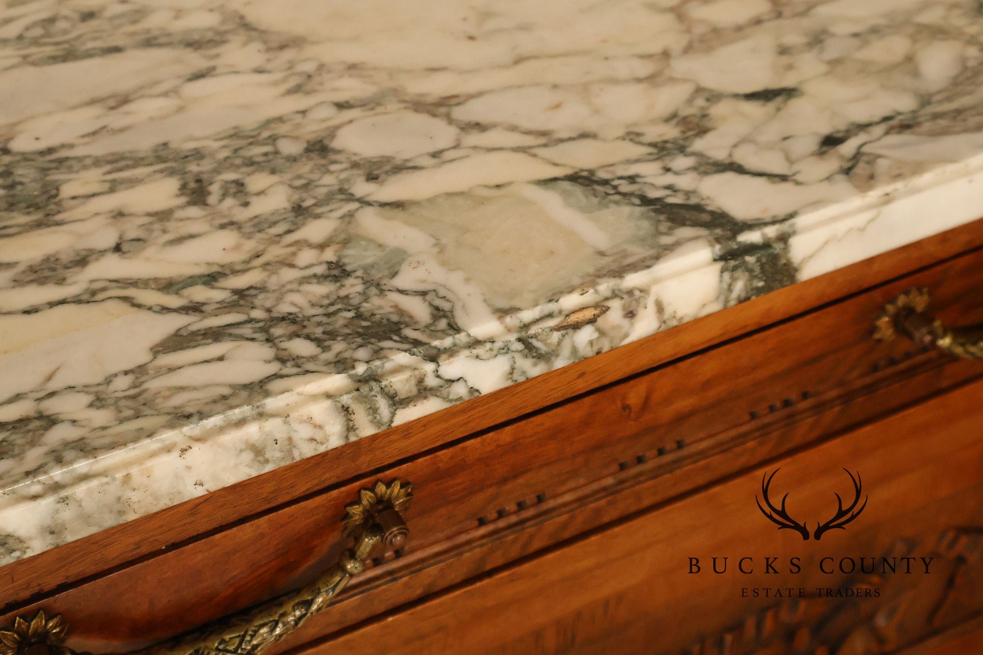 Antique French Louis XVI Style Carved Walnut Marble Top Buffet Sideboard