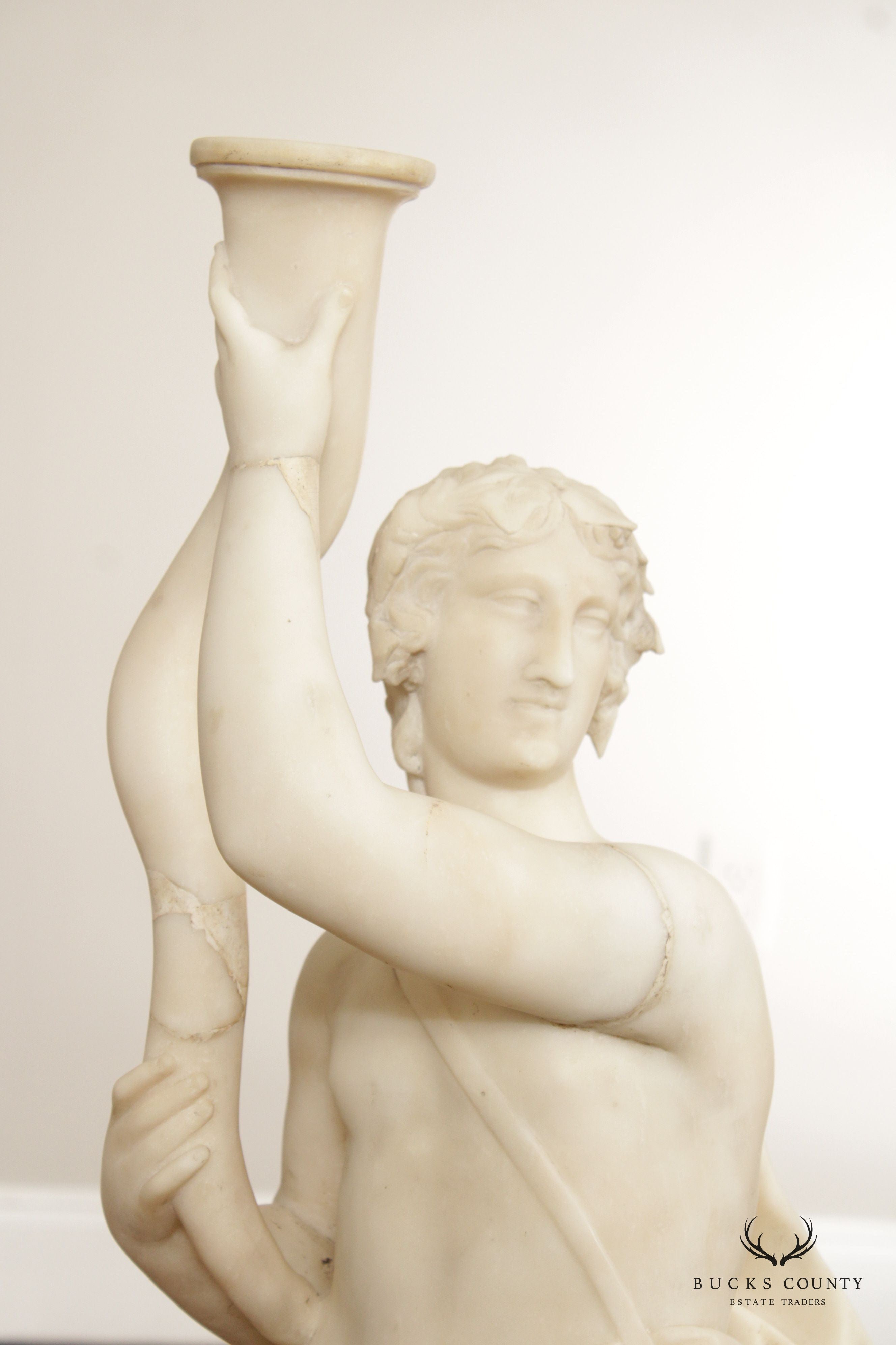 Antique Neoclassical Style Pair Large Carved Marble Figural Statues