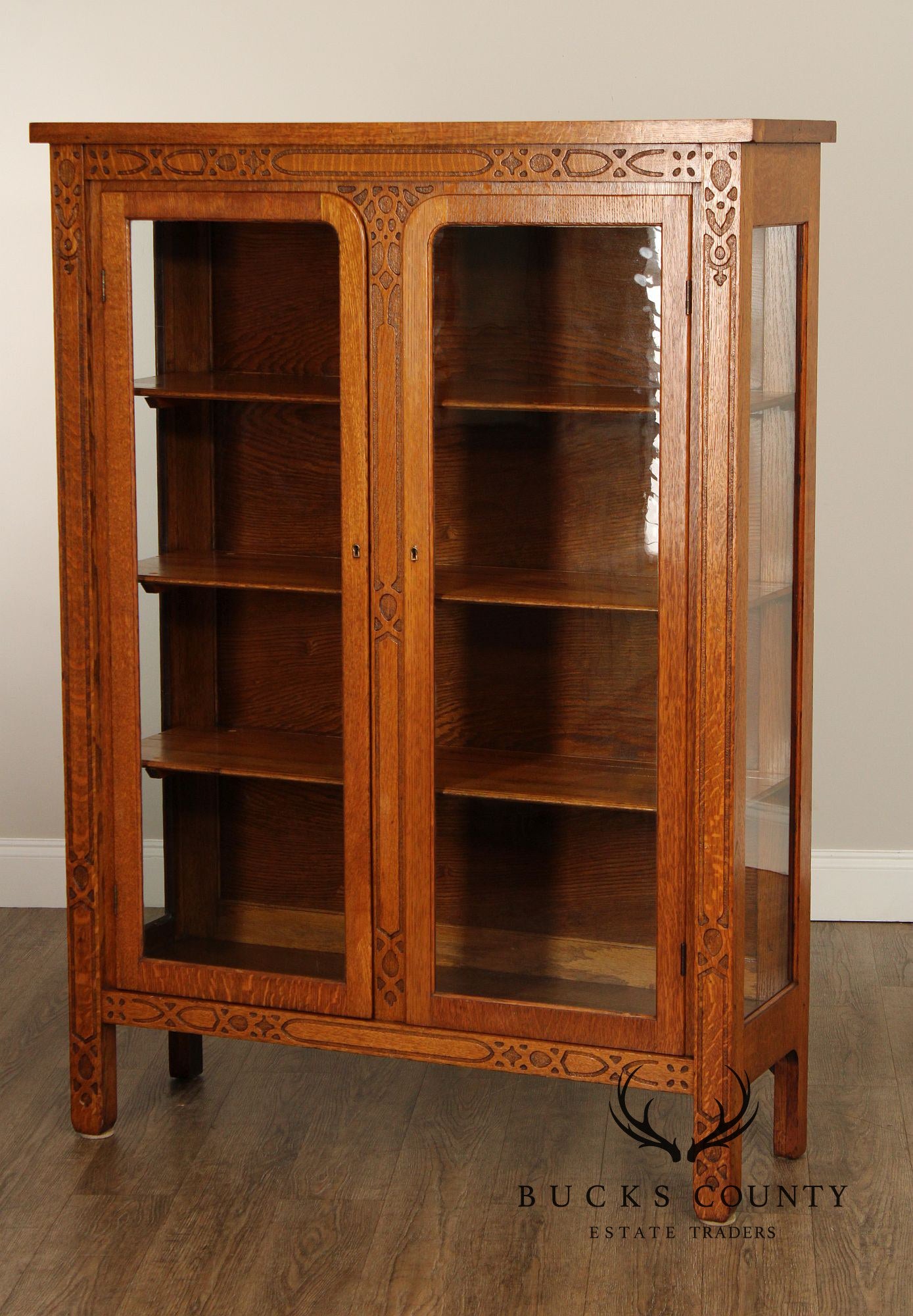 Arts and Crafts Antique Golden Oak Two-Door China Cabinet Bookcase