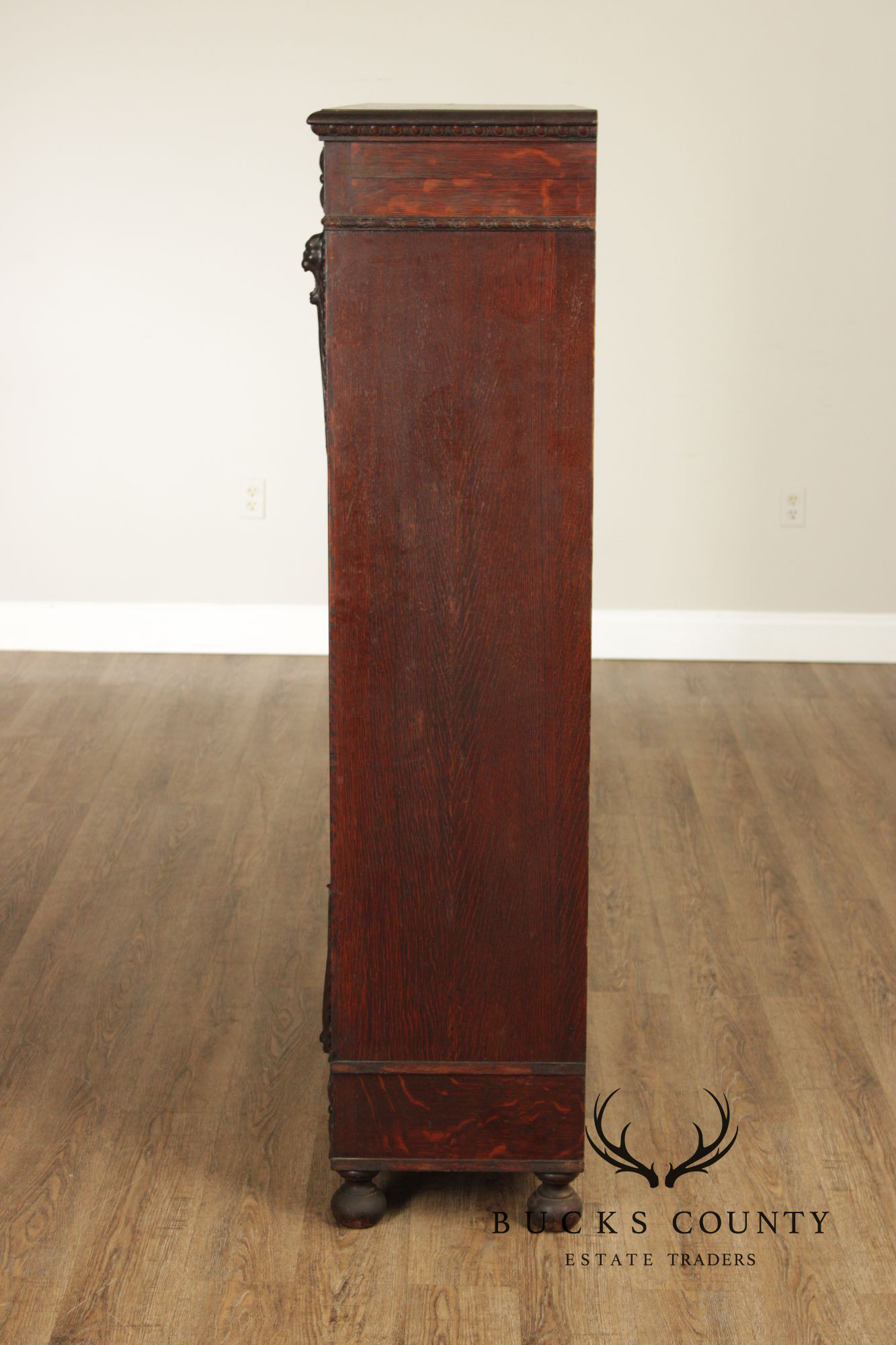 Antique Renaissance Revival Carved Oak Glass Door Bookcase