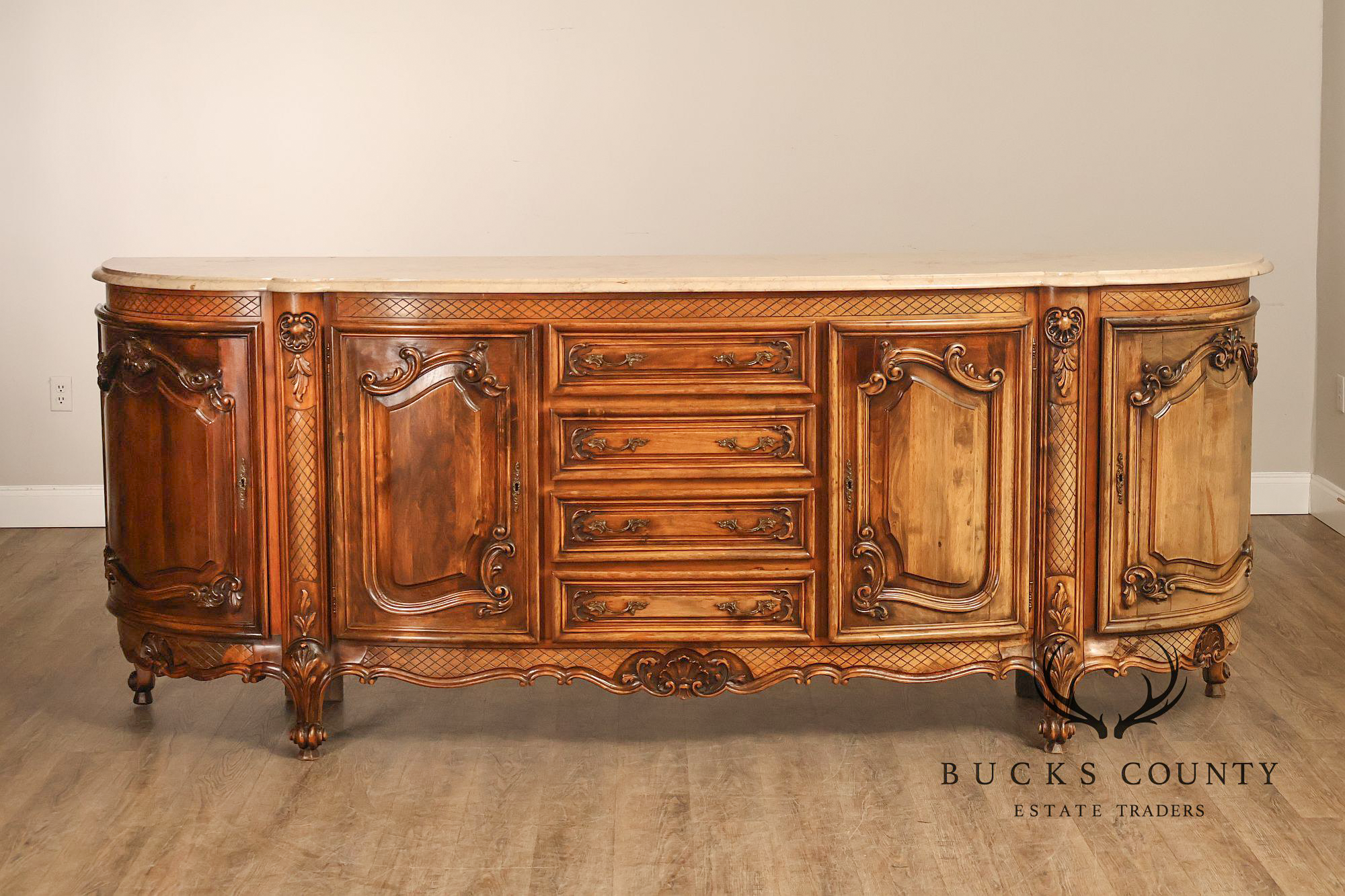 French Louis XV Style 106" Long Marble Top Walnut Sideboard