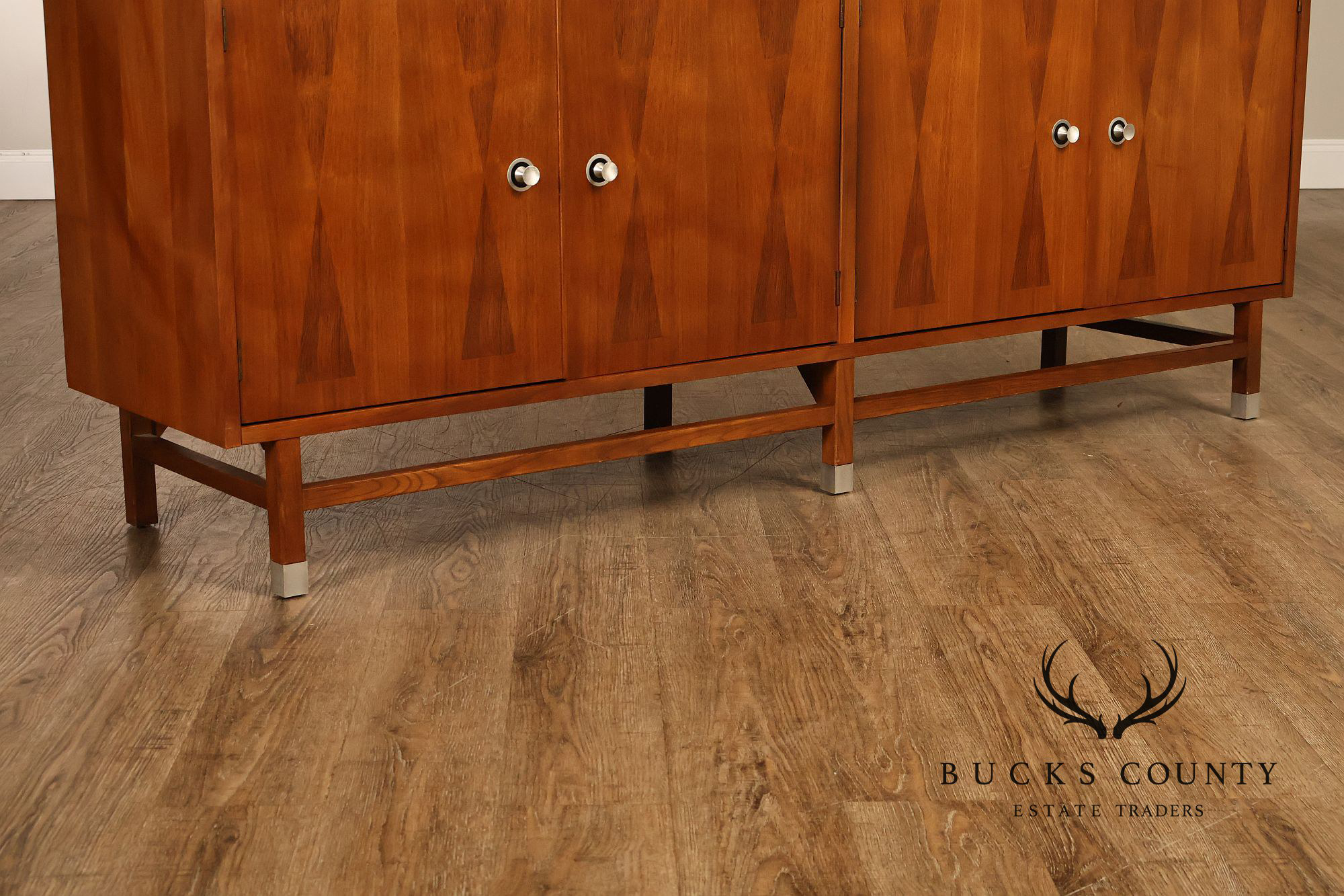 Stanley Mid Century Modern Walnut & Rosewood Inlaid Wall Unit Credenza