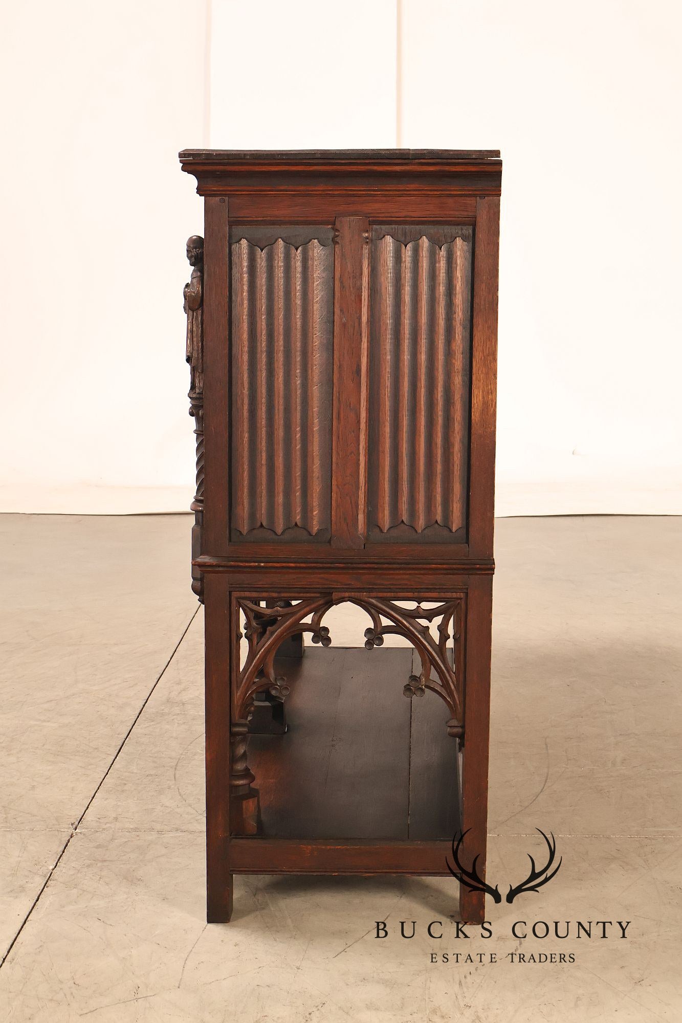 Antique Neo-Gothic Carved Oak Sideboard Server With Figural Panels